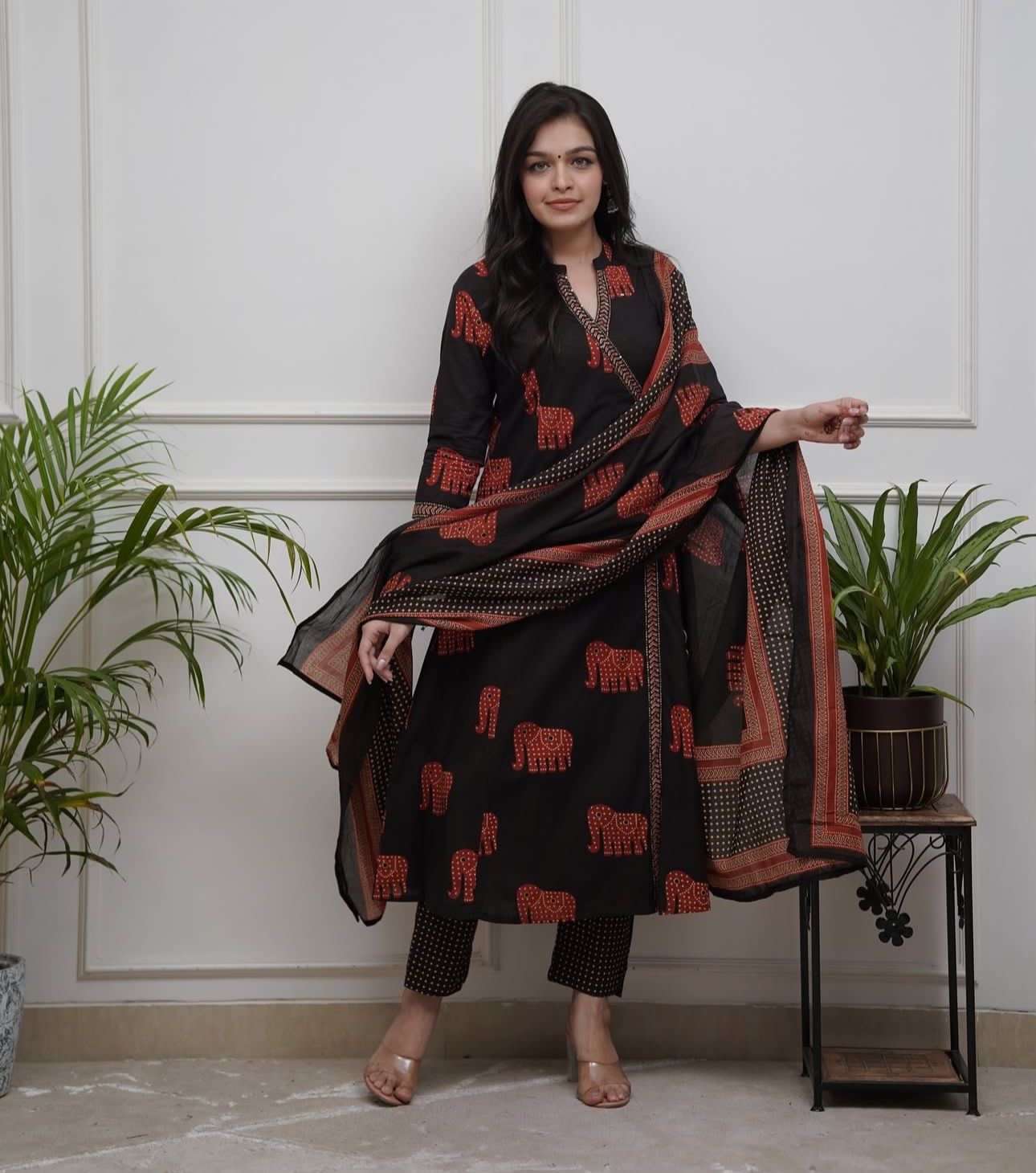 elegant cotton dupatta pant set sizes m to xxl angrakha style neck design made from 100 percent pure cotton this outfit is soft breathable and ideal for everyday wear readymade suit