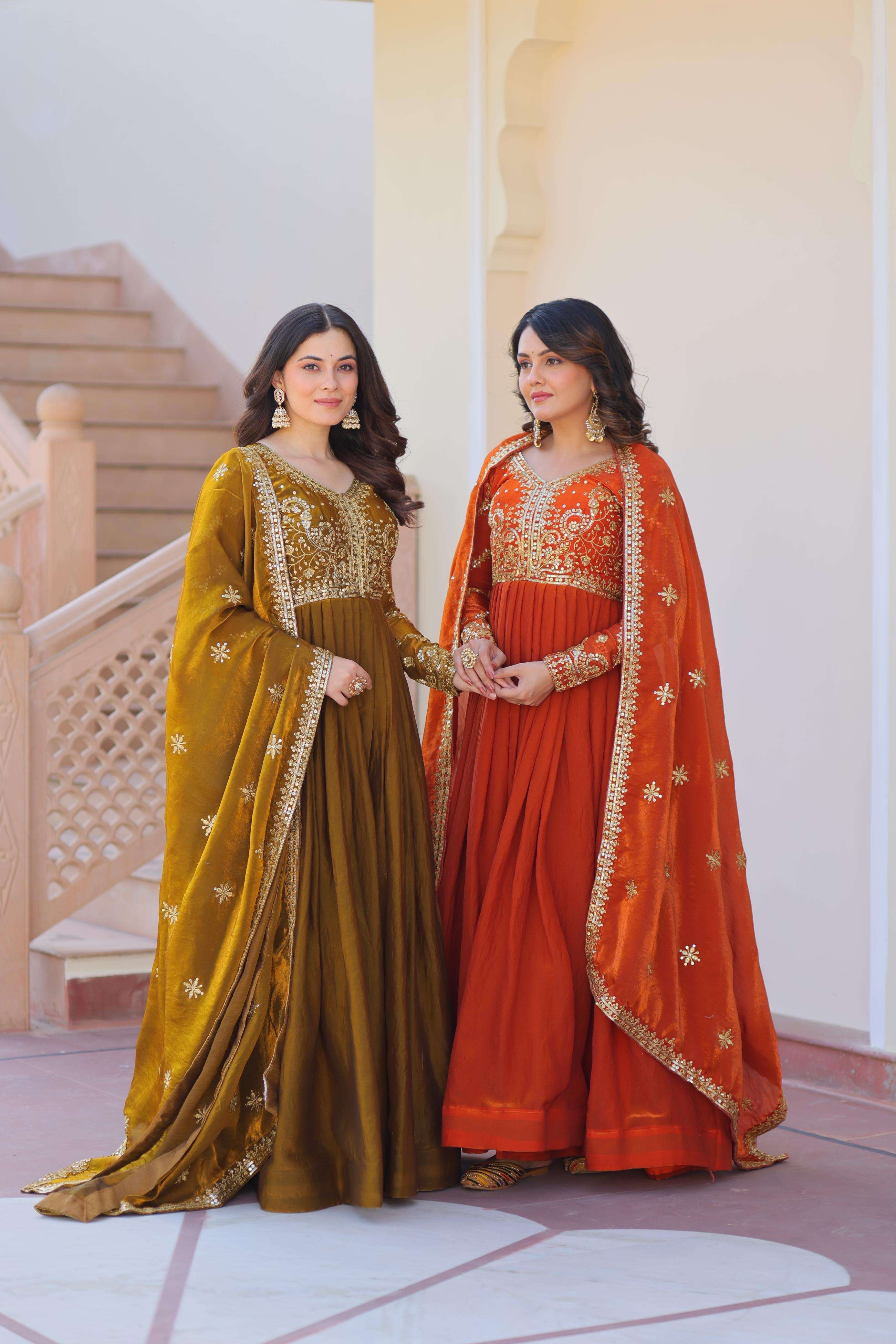 fendy fabric gown with sequins multi embroidered work dupatta it designed to smoothly fitted all body types gowns for women combine the best parts of indian ethnic n partywear code lw 9234