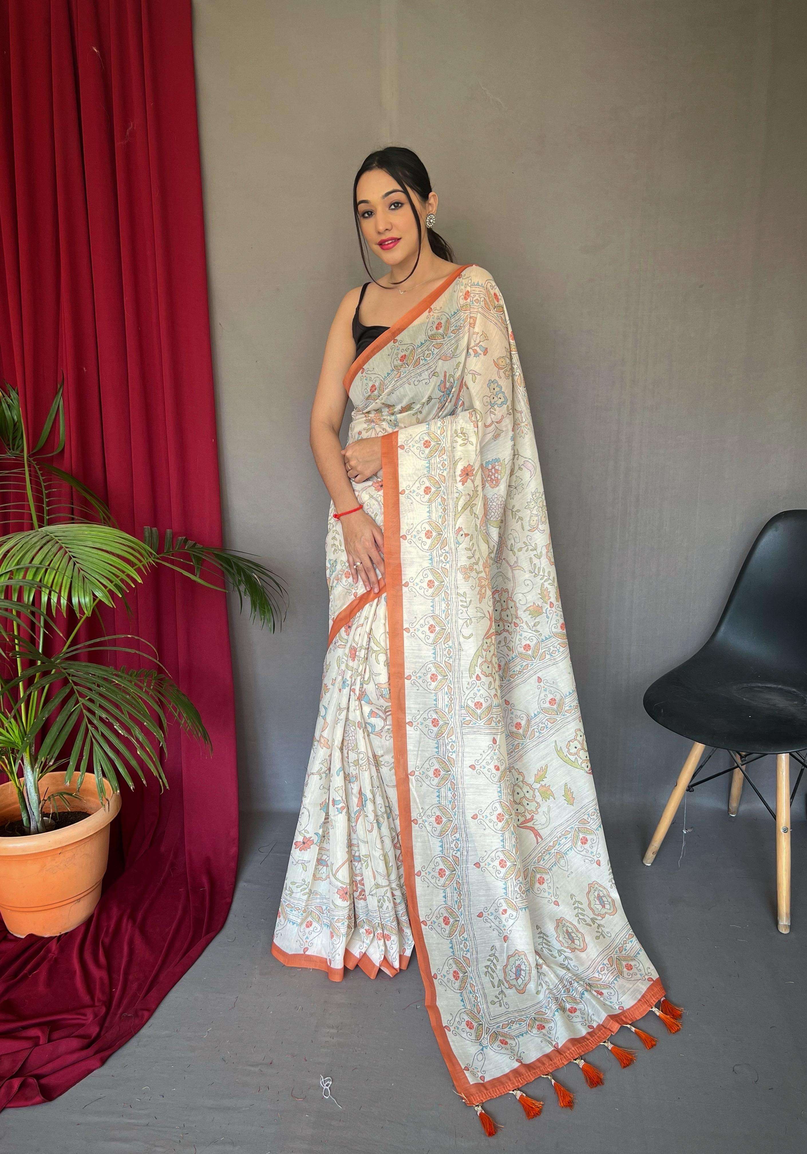 fresh arrival catalog cotton katha pure malai cotton saree with katha prints concept all over saree with katha print pallu and contrast border and beautifull printed blouse