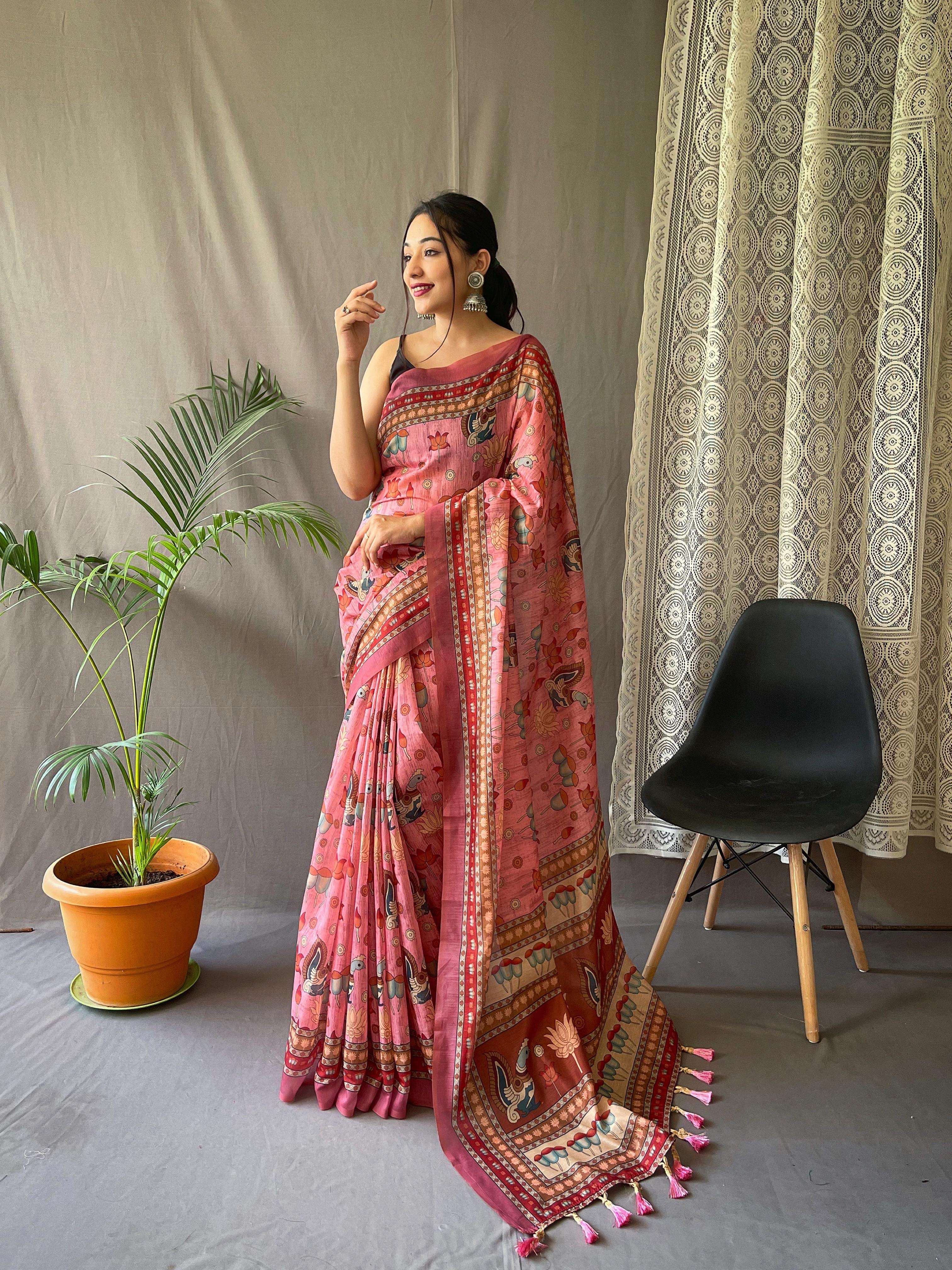 fresh arrival catalogue kadambari pure malai cotton saree with big border digital print concept with elegant kalamkari patterns with contrast  big pallu with tassels attached cotton saree