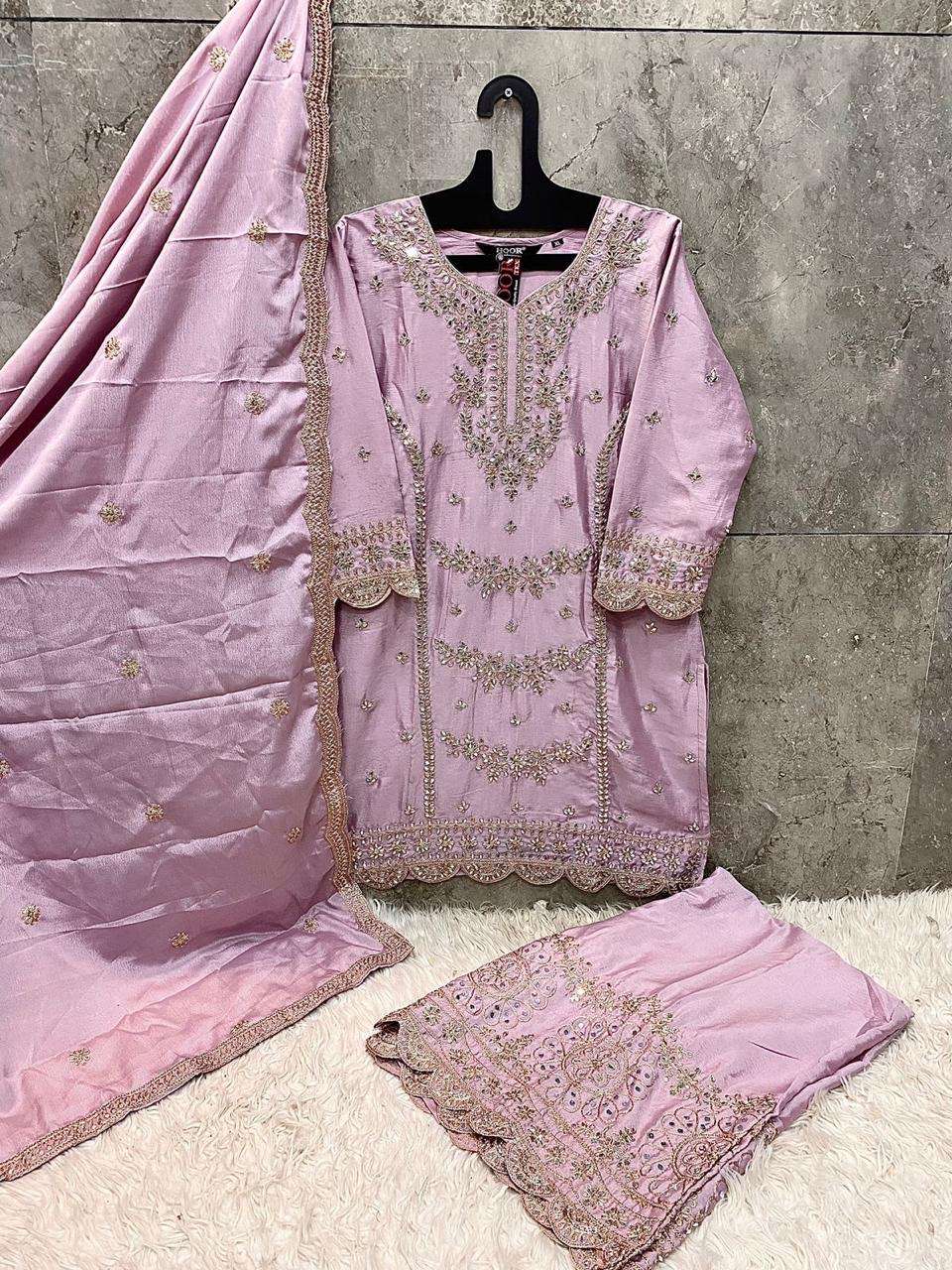 hoor tex design number hf144 a to d top heavy chinon bottom heavy chinon with plazzo dupatta heavy chinon  size xl to xxl dispatching ready to ship pakistani suit 