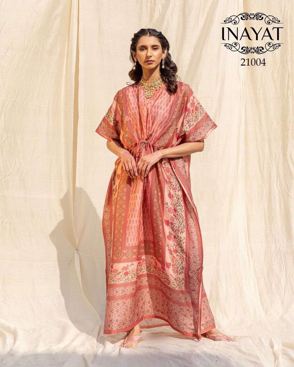 inayat kaftan design number 21004 n 21007 single pcs available fabrics pure soft silk with decorative floral digital printed work size kaftan gown