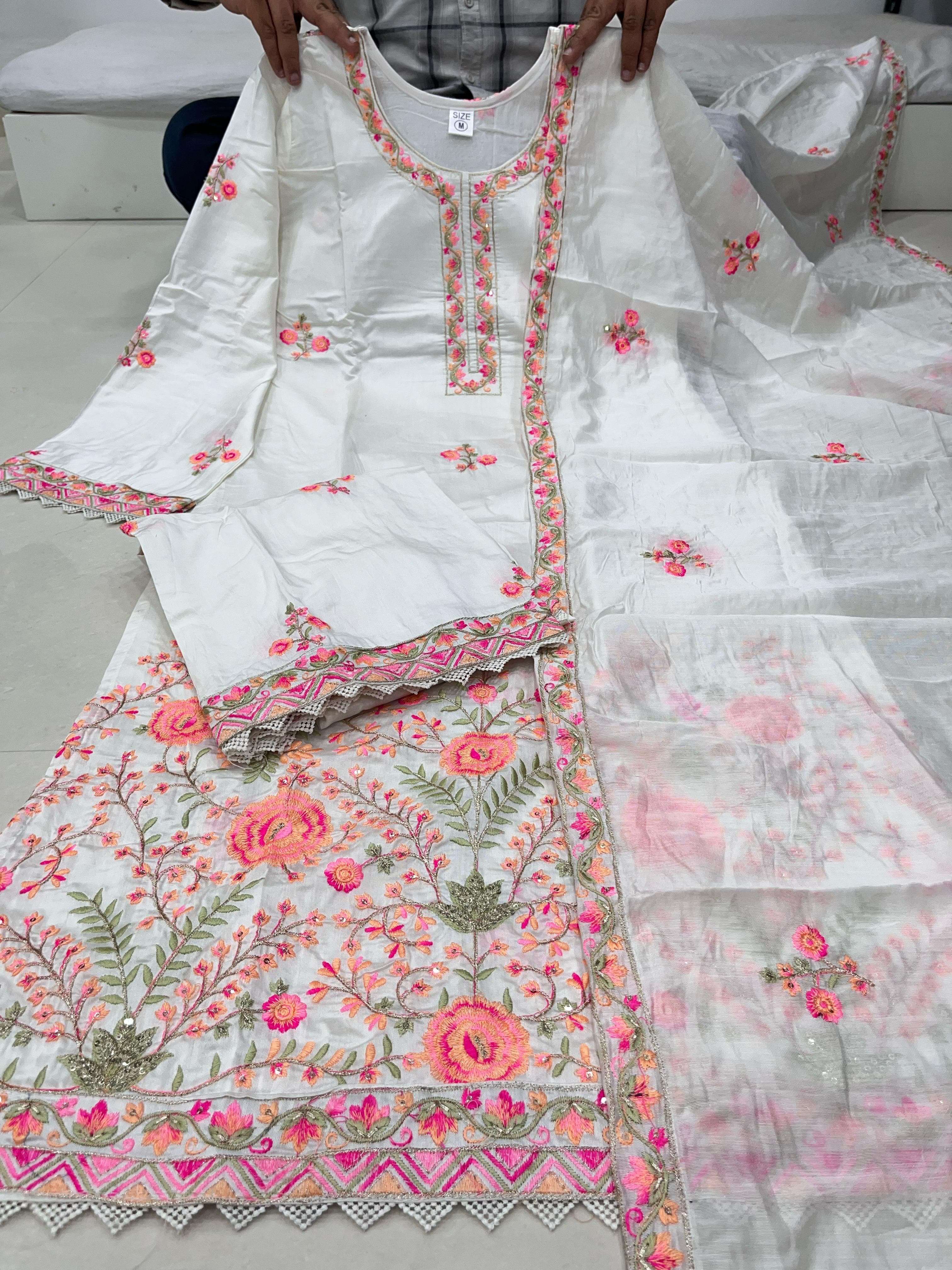 ivory white chanderi embroidered suit set a mesmerising straight kurta set reminiscent of a sunsets serene hues with its graceful and surreal whiteu ombre delicate embroidery adorn the neckline