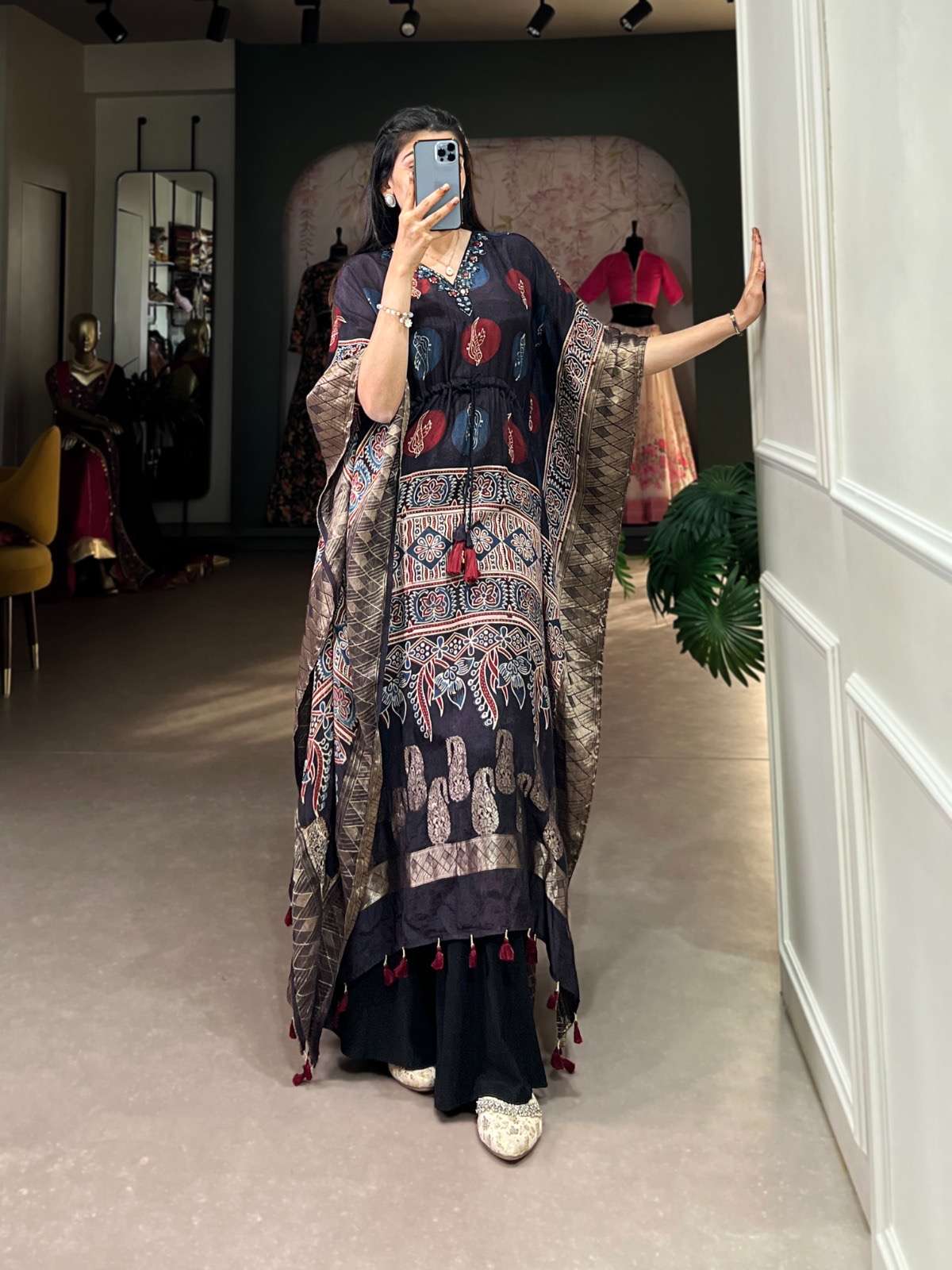 kaftan collection pure elegance n pure viscose nnk3023 stitched fabric pure viscose zari border kaftan work real mirror hand work chest free size designer kaftan