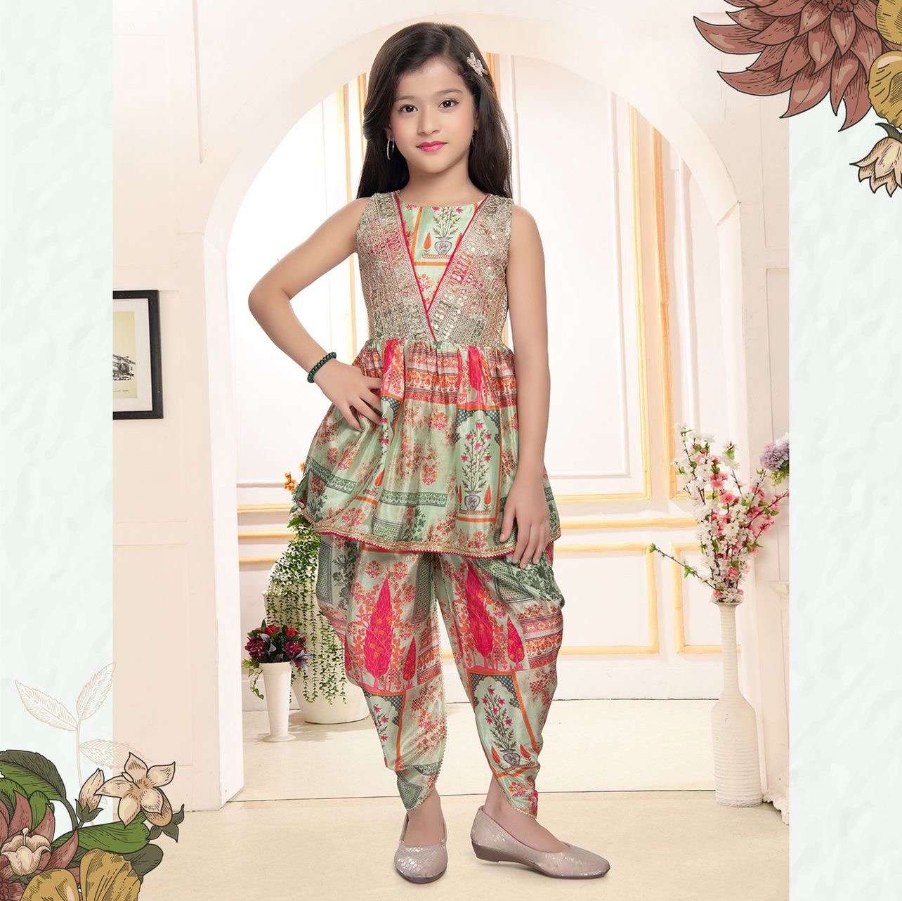 kidswear girls wear dhoti salwar suit ready to wear collection code oc 179 fabric heavy chinon silk with digital print work with embroidered siqunce work with lace zipper available inner micro cotton