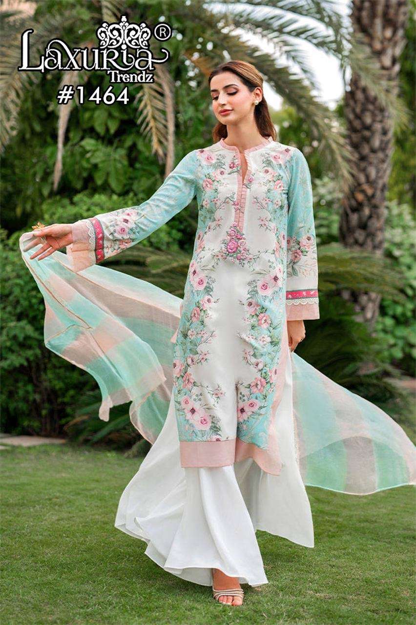 laxuria trendz muslin printed collection design number 1464 making digital print again in our outfit with embroidery handwork n lace in sleeves with digital print duptta comes with plazzo