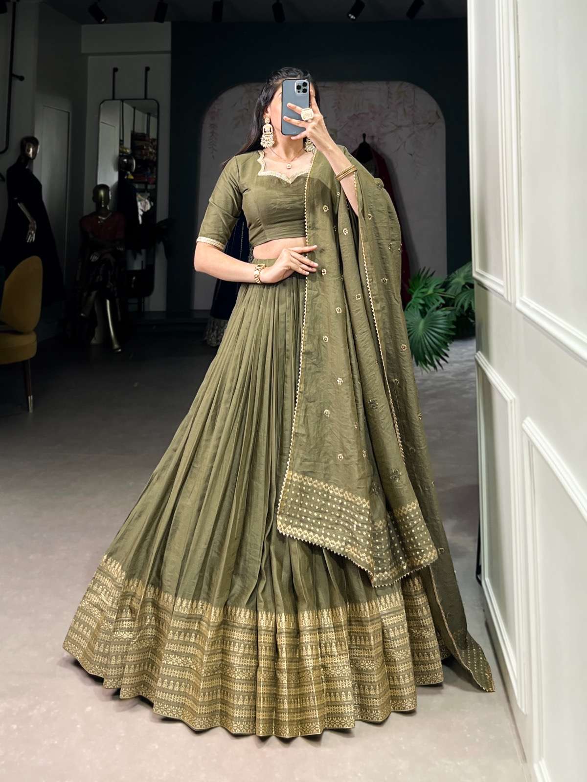 lehenga choli crafted for grace and beauty pure chanderi plain lehenga with intricate zari work border by sequin embellished dupatta lnb1906 pure chanderi work plain with zari weaving work border