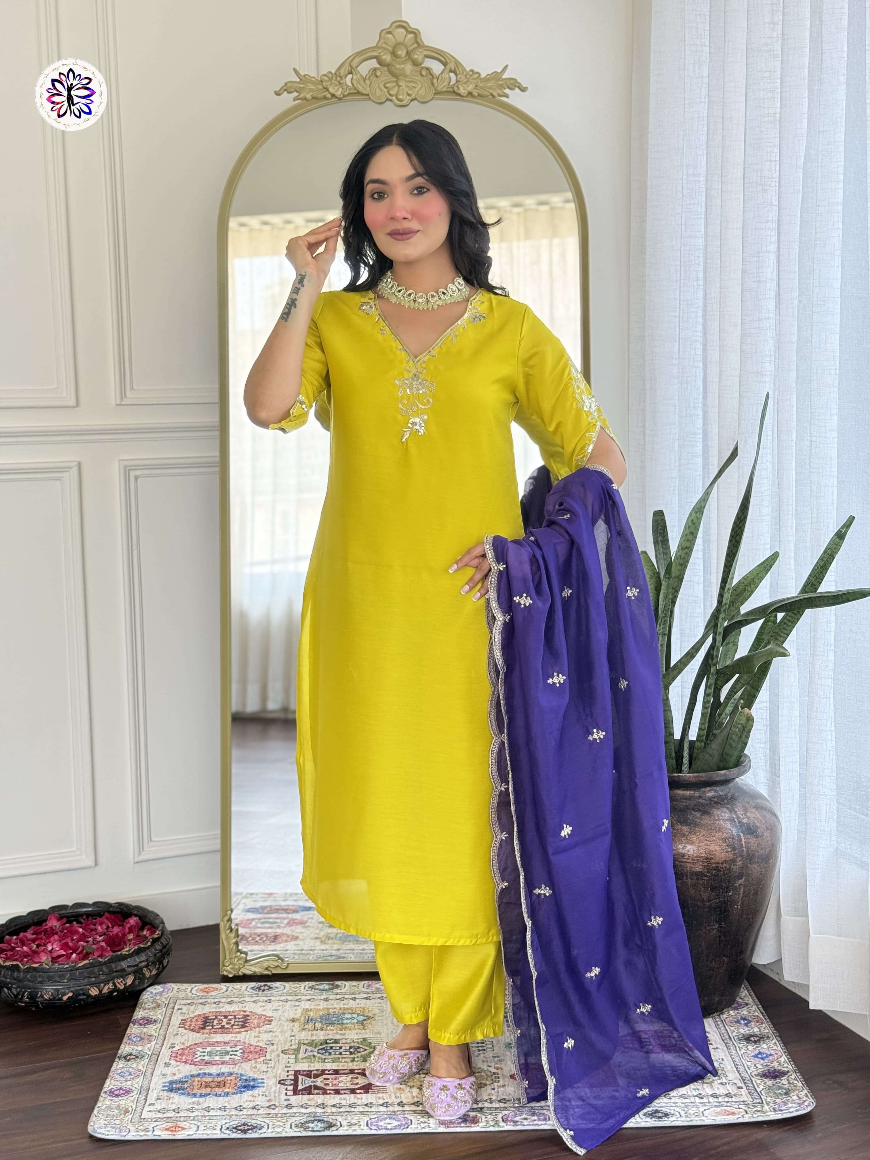 pair of top bottom n dupatta design number kf 4044 fabric viscose chanderi work embroidered bottom fabric viscose chanderi fabric chanderi silk size s to xxl