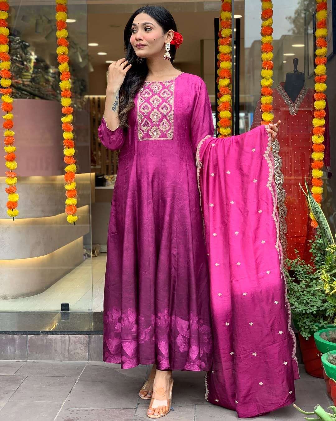 pink violate anarkali flared kurti pant dupatta set step into timeless elegance with this exquisite anarkali flared silk kurti set designed to make you stand out at any festive or celebratory occasion