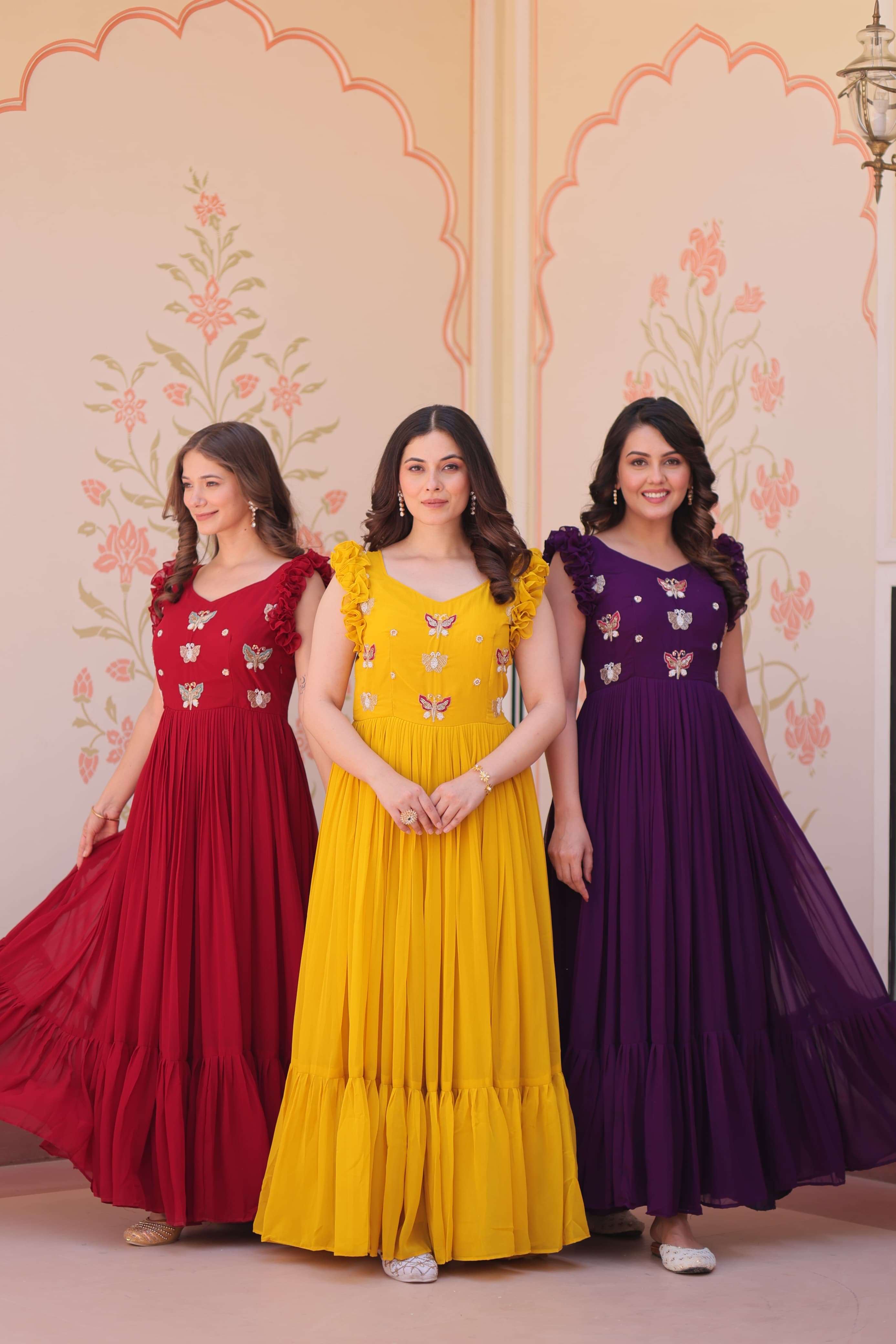 premium readymade designer gown collections gown design number code ka 1174 gown fabric n work faux blooming with sequins multithreaded beads embroidered work size  m to xxl