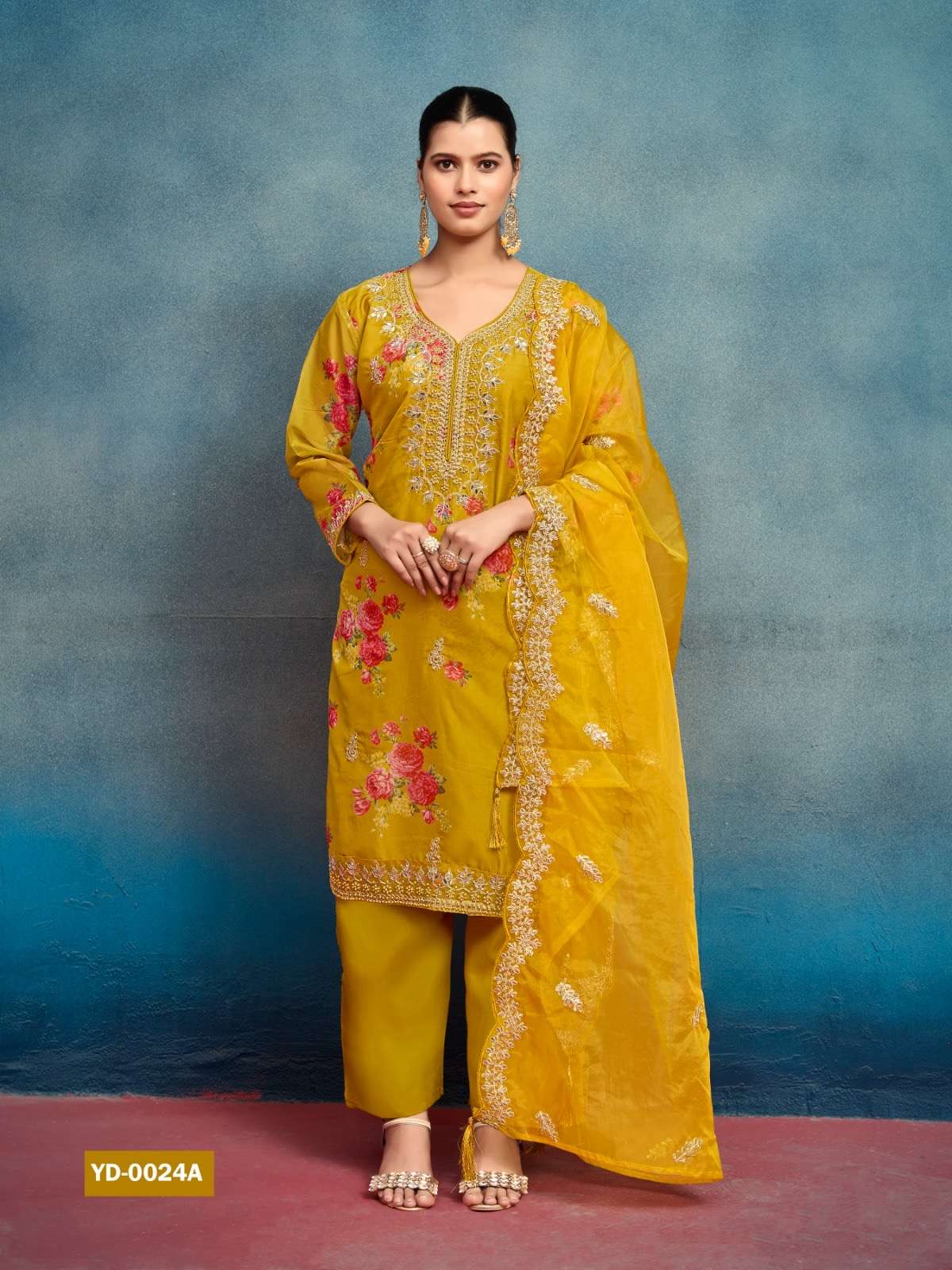 presenting new real modling collection top and bottom with dupatta concept design number yd 024 heavy tebby silk with digital print and embroidery sequence work  with moti work