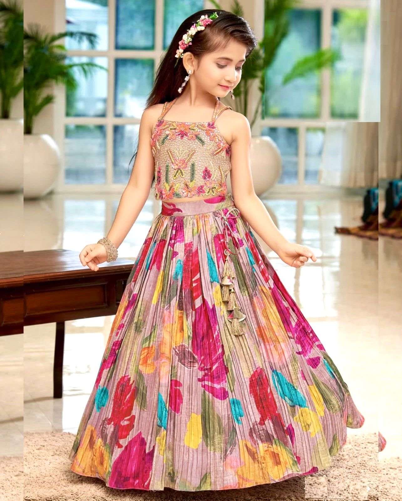 presernting new designer lahenga choli set fully sttiched ready to wear code oc 194 fabric heavy chinon silk with soft printed worinner micro cotton choli full stitched kids wear
