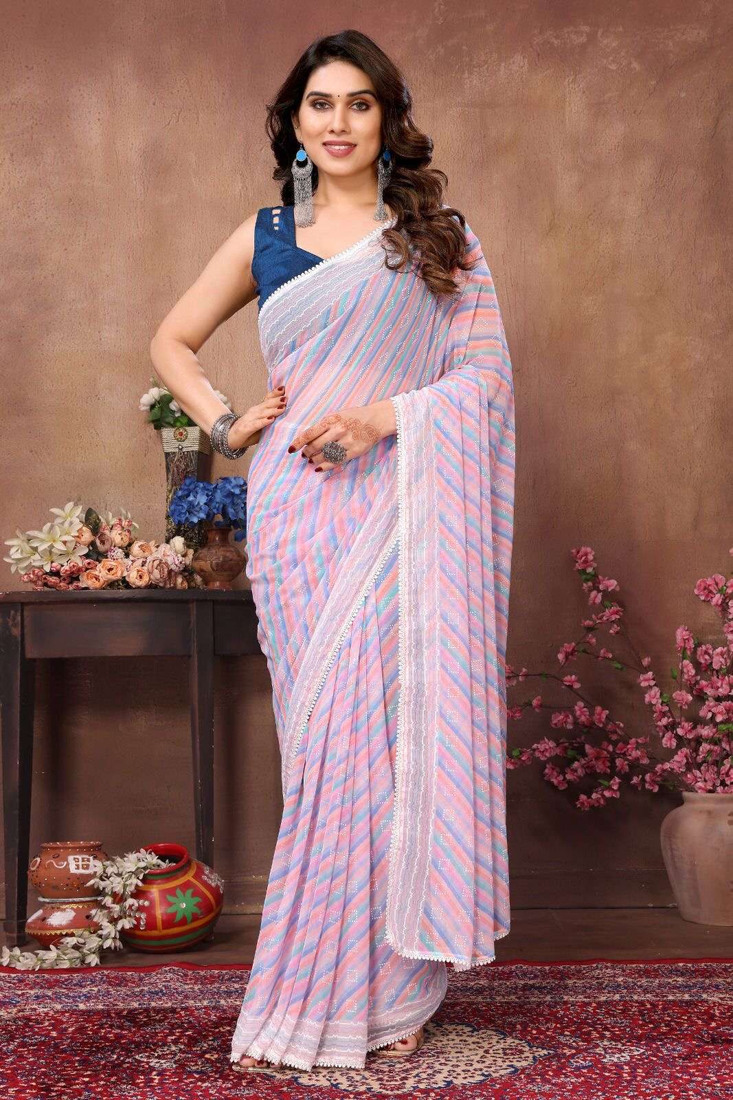 ready to wear saree fabrics georgette silk pattern printed redy to wear saree with small lace blouse unstich plain banglori  silk saree look rich georgette  silk with beautiful  tone  colour saree