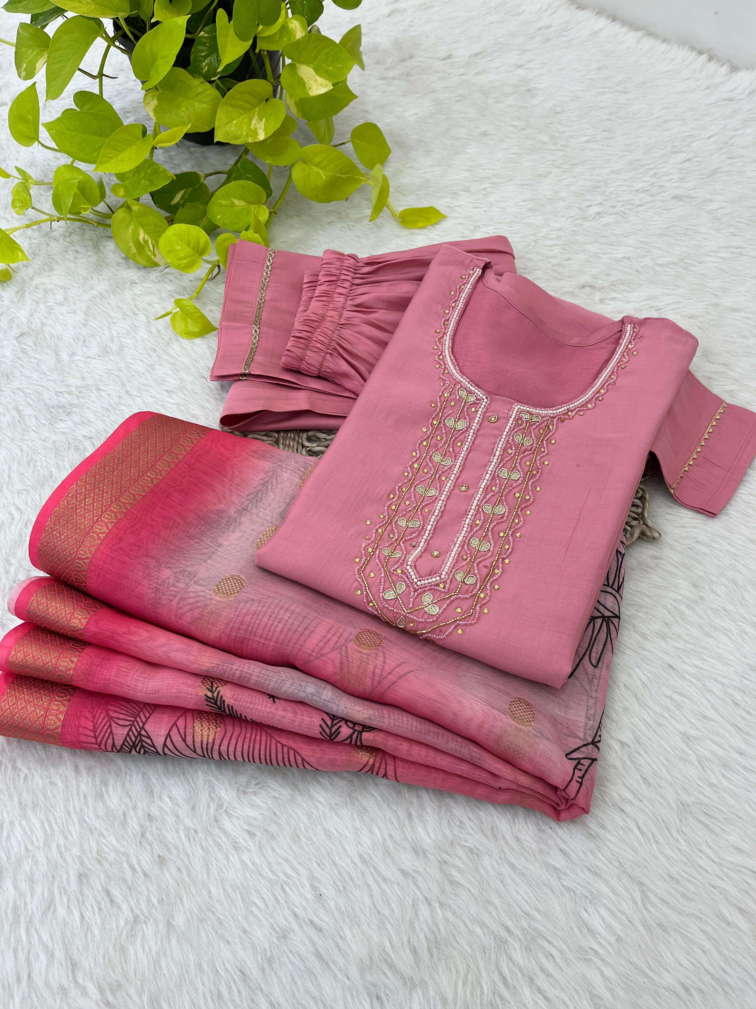 readymade suit design number 375 new designers kurti pent dupatta 3 pic set kurtie premium roman silk soft fabric with handwork neck sleeve 3 4 with fancy lace length 44 to 46