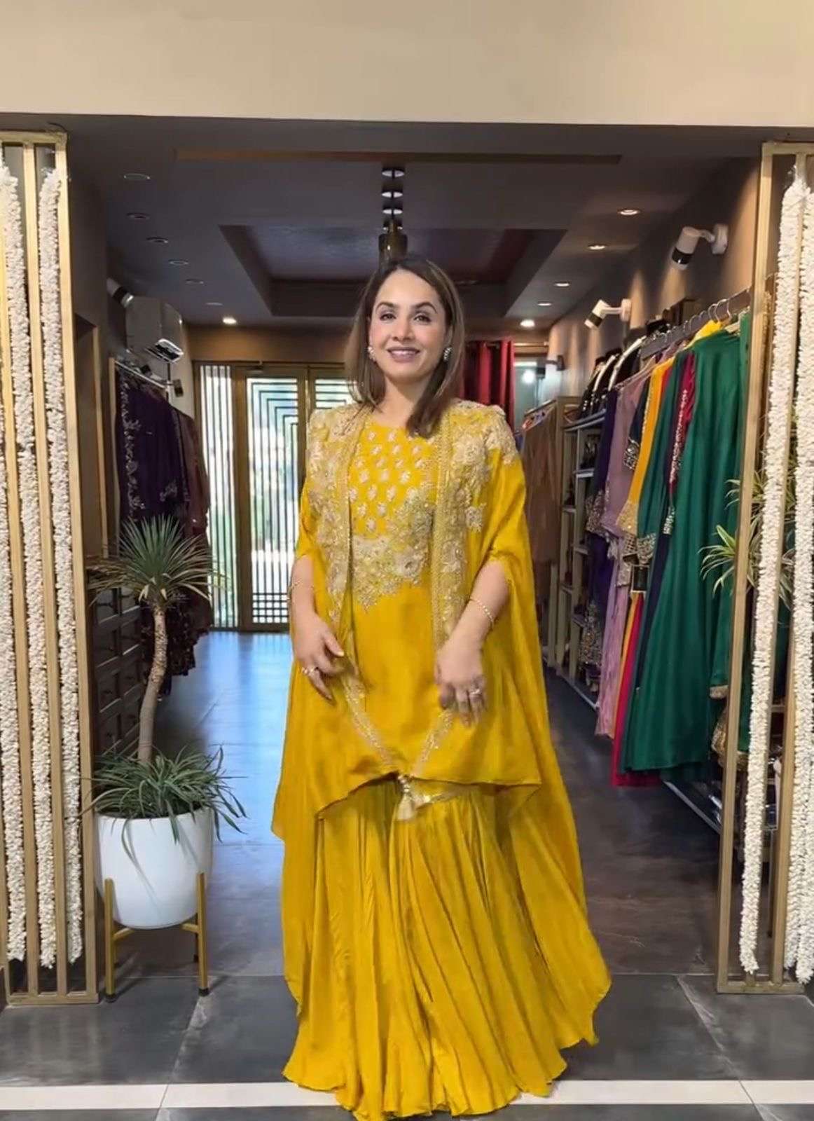 running wear trending creap silk top sequance embroidery work and sarara with shurg design number code be 344 work cording sequance embroidery work size m to xxl