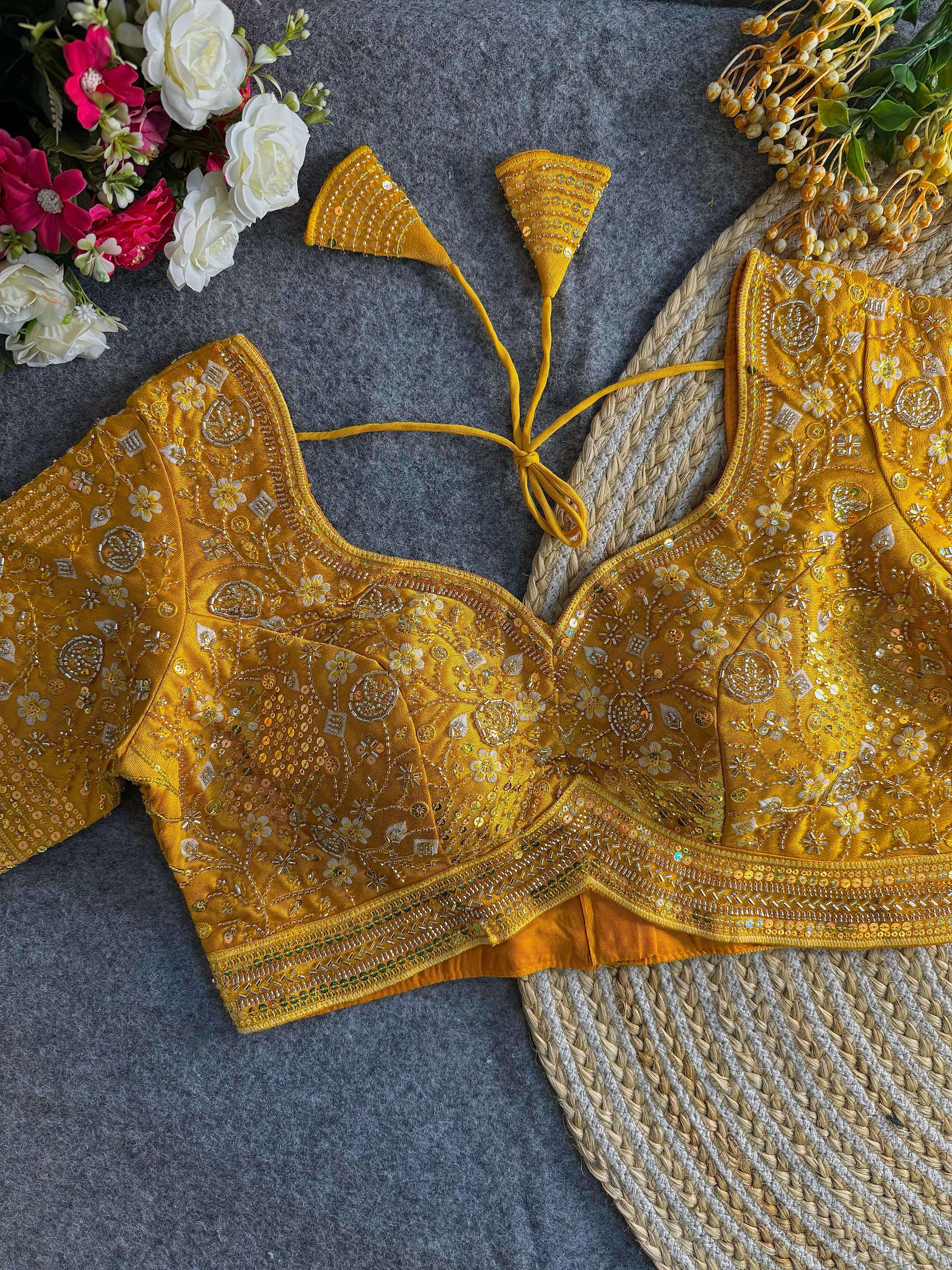 sabyasachi inspired handwork blouse beautiful heavy stars n beads work heavy handwork plus sequence n codding thread work heavy pure soft italian silk with tricot fuising