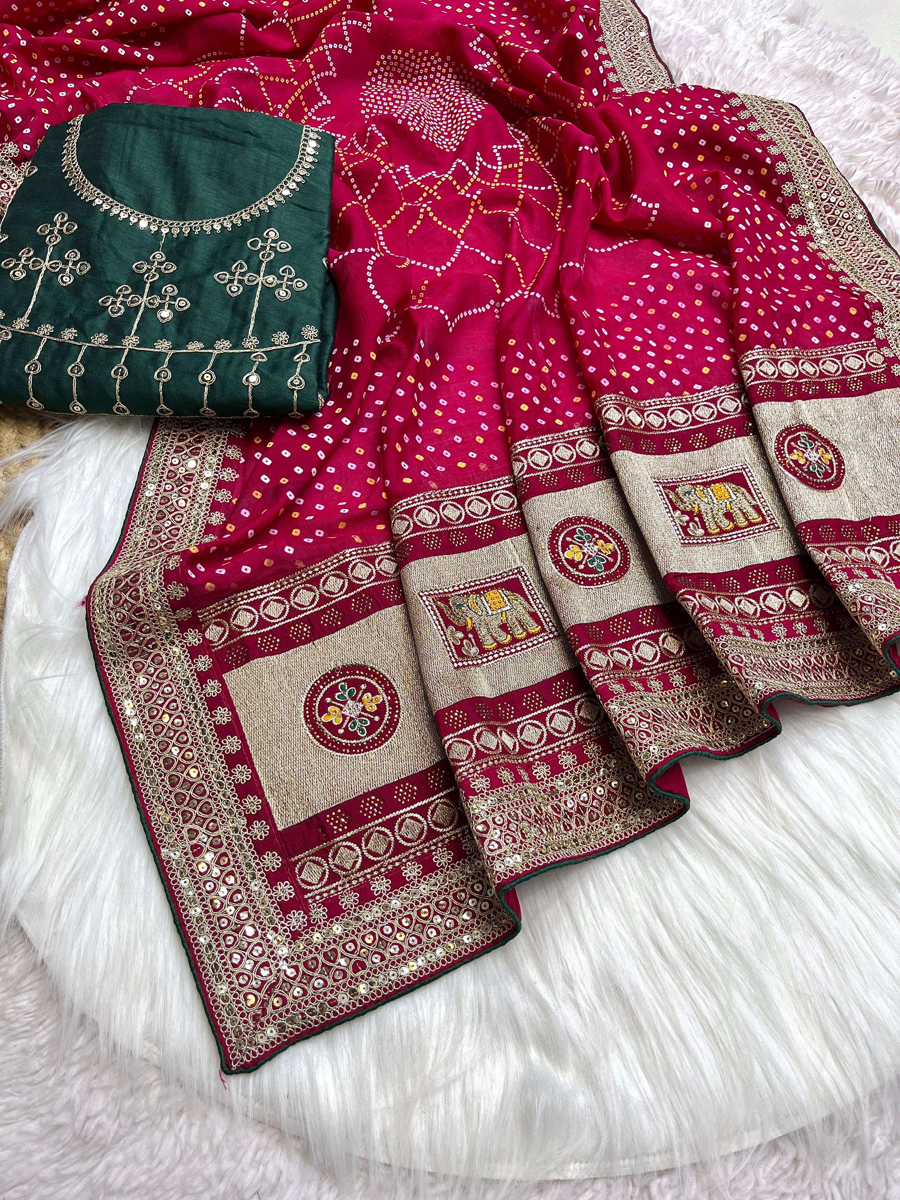 Saree Fabric blooming vhichitra silk n khadi bandhej Work heavy  pallu with hotpcs n sequnce nd multi work figure with fully sequnce coding cpallu work