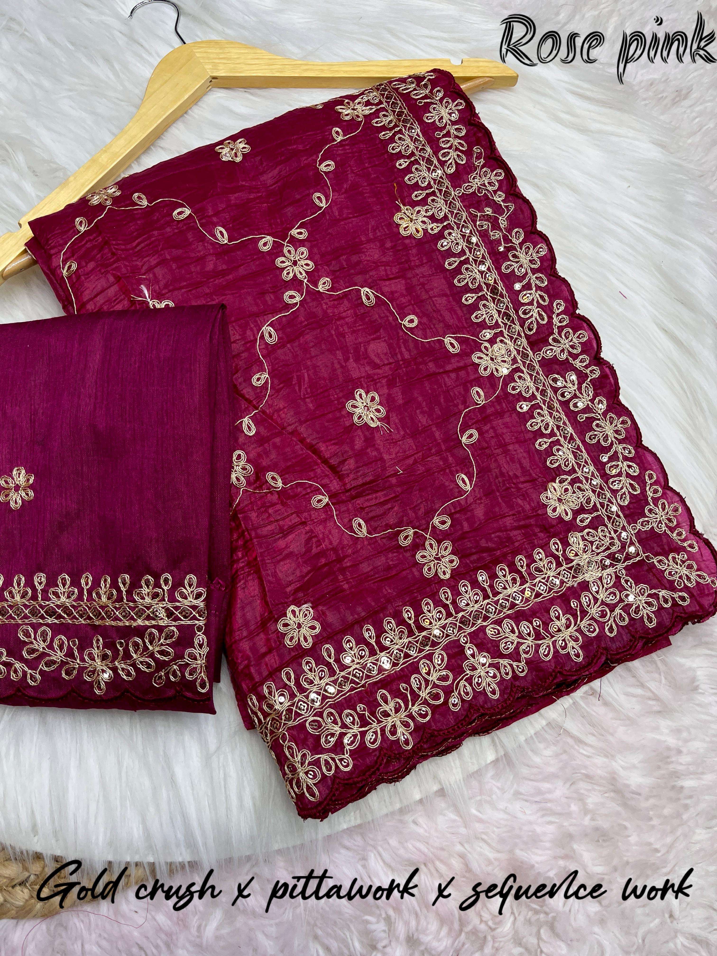saree fabric soft gold crush work heavy cpallu original pittawork saree with seqance work nd beautiful cutwork border n whole saree pitta work colour 5 saree feel like celebrity