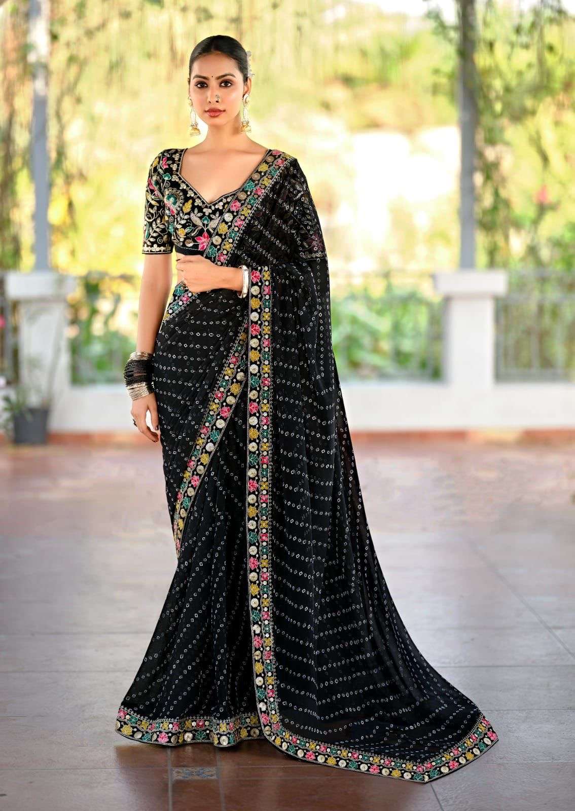 saree original not copy new catalogue launch catalogue leesa fabric soft georgette fabric mil bandhej print and fancy minakari heavy multi sequence coding work border n blouse