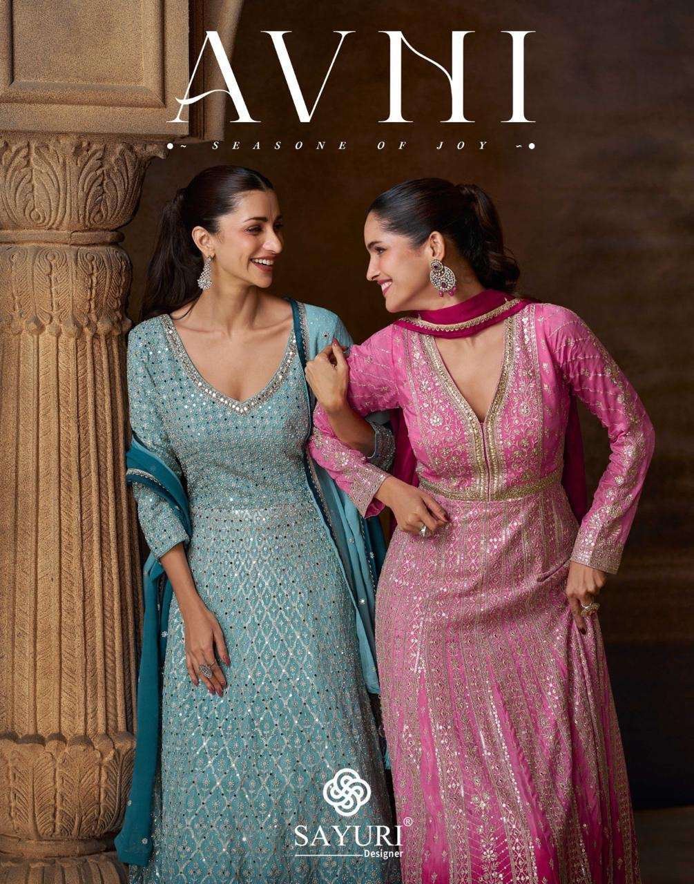 sayuri designer present new catlog catalogue avni 42 size stitched 5784 series fabric premium real chinon silk n real gerogette full heavy look embroidered dresses with embroidered dupatta