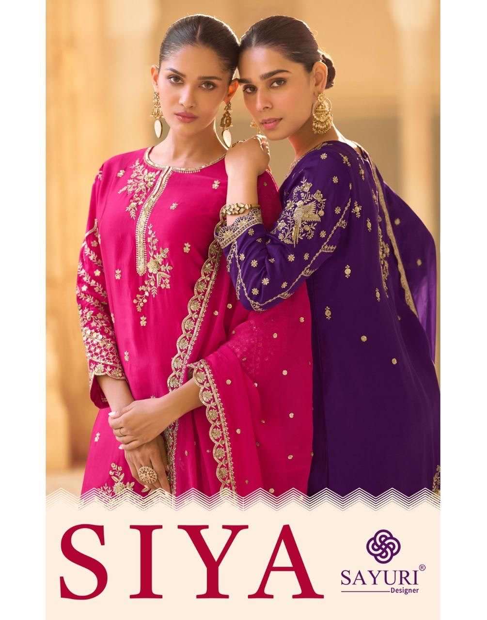 sayuri designer present new catlogue siya 5757 series premium soft crep silk n premium organza silk heavy look premium soft crep silk embroidered top with dhoti and embroidered organza dupatta