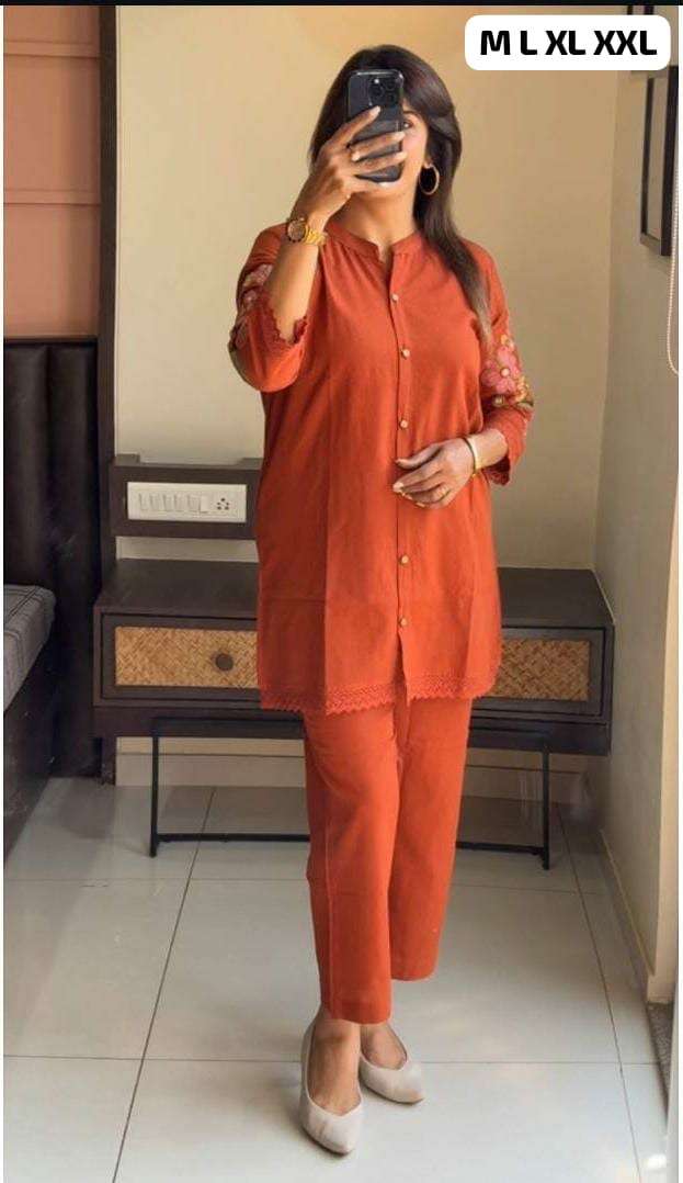 summar dhamaka desiner collection new designer cotton slub coord set embroidery in hand and back side crotchet work lace in top front in button slub cotton with embroidery work size m to xxl