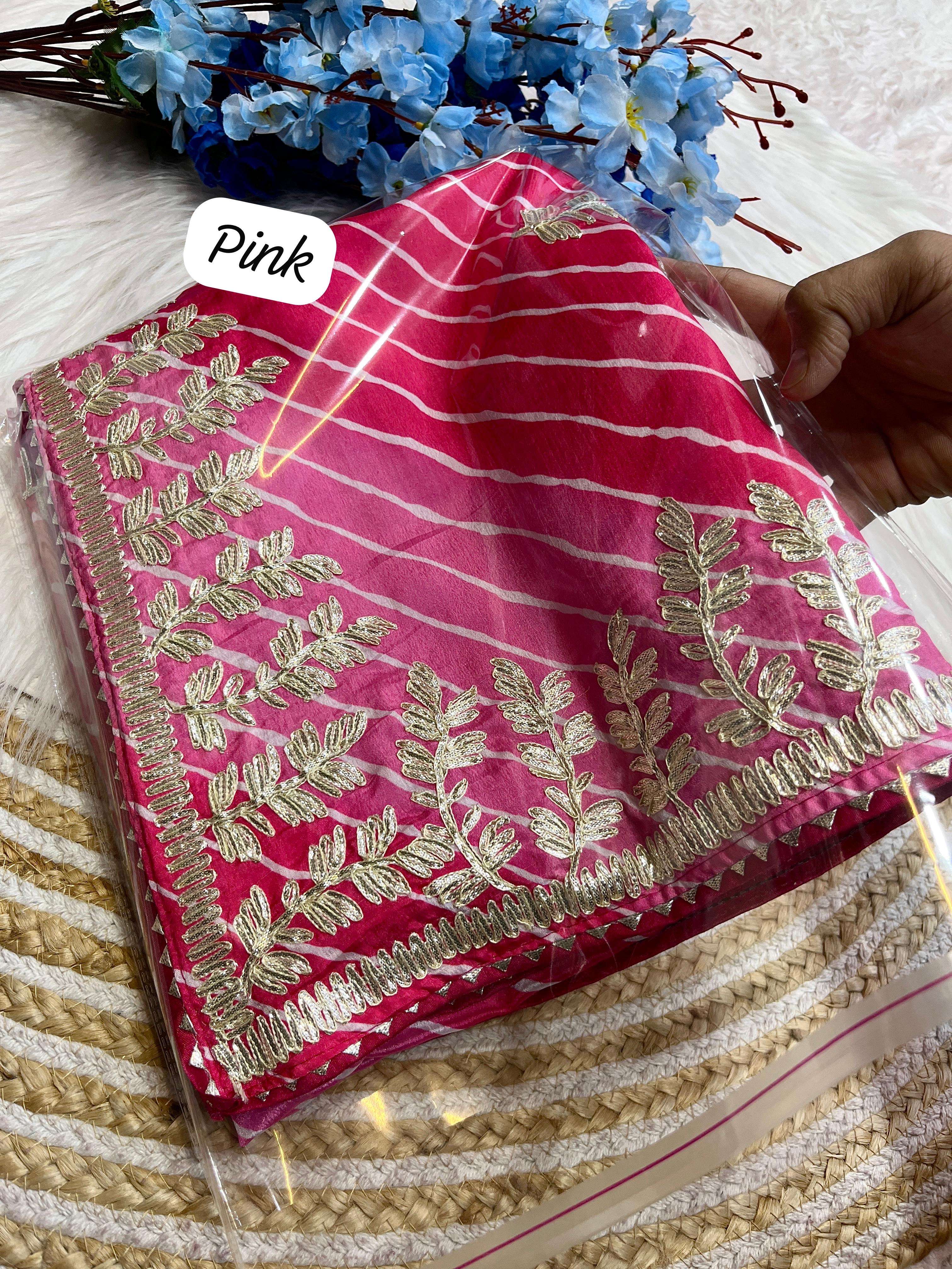 trending arrivals fabric n details beautiful soft chinon silk lehriya multi saree with heavy cpallu ribbon gota work nd butti in whole saree blouse heavy mono with work unstitched 5 ultimate colour