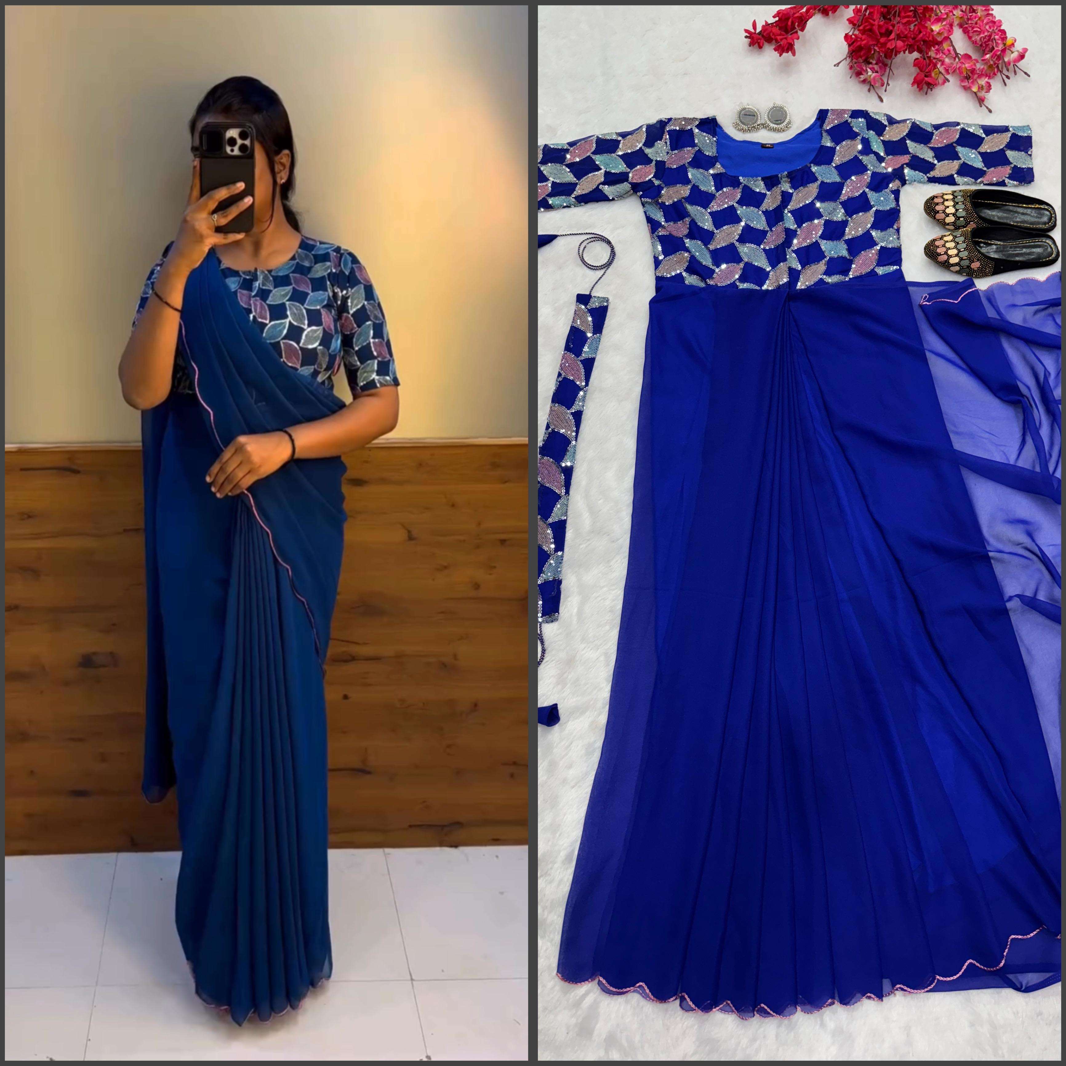 trending zip nd go embroidery saree product code sg 218 faux gorgette work embroidery 4 sequence work border aarka work size m to xxl gown saree