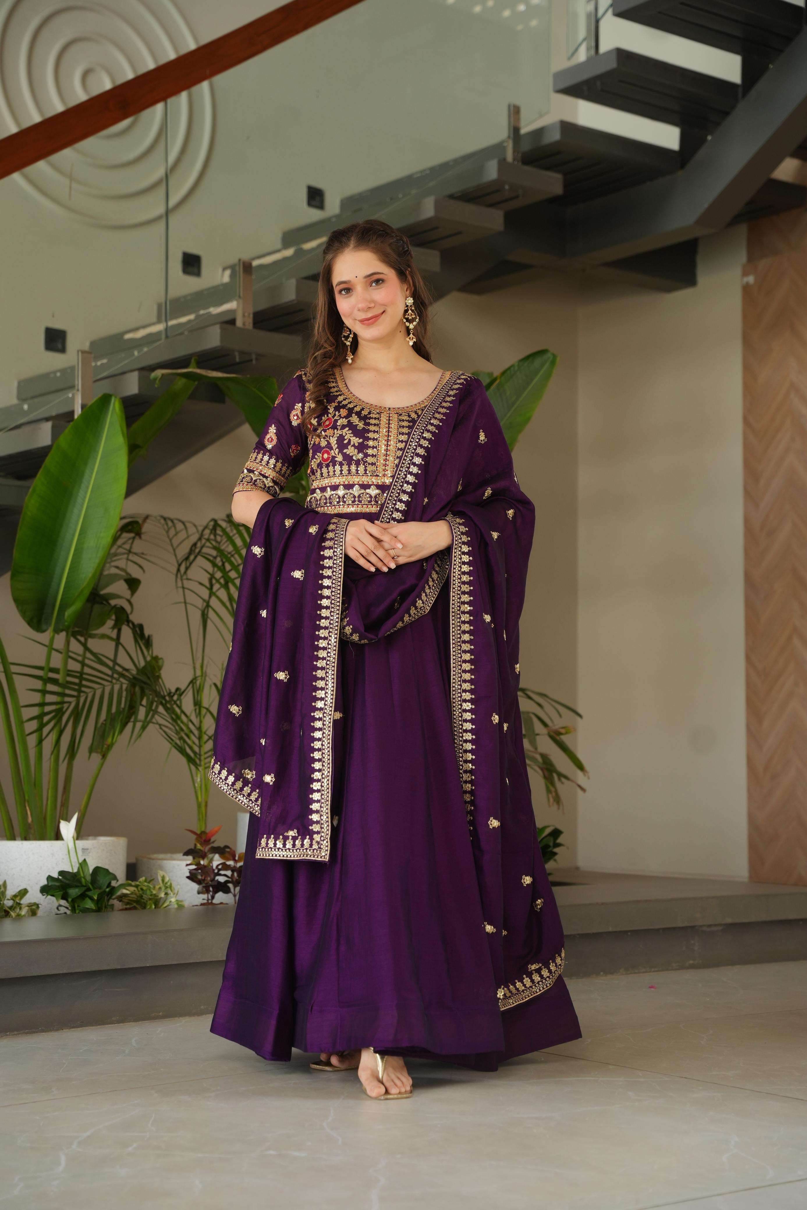 vichitra silk gown with sequins multi embroidered work it looks graceful for women it designed to flatter all body types gowns for women combine western and indian wear code lw 9231