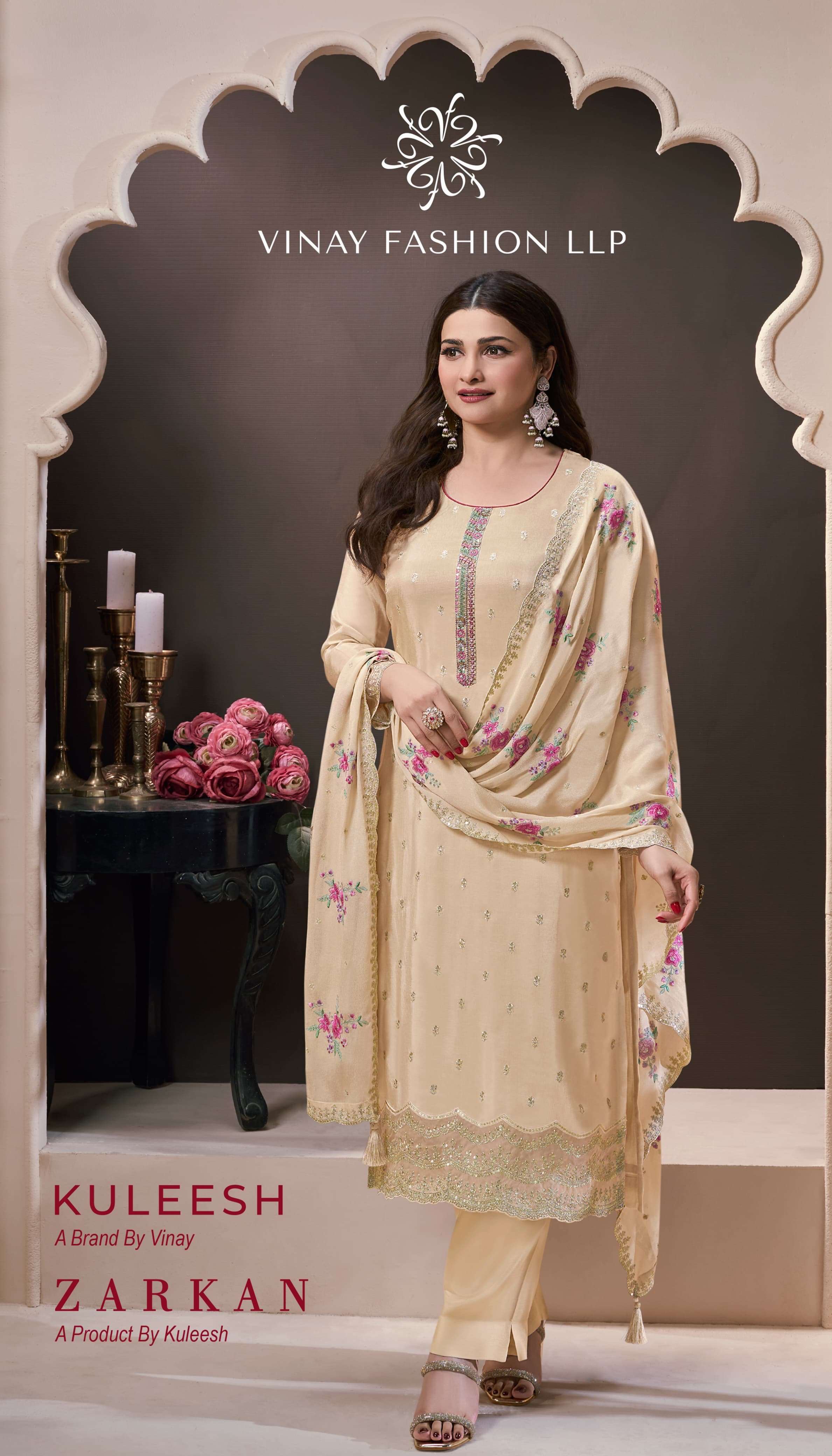 vinay fashion kuleesh catalogue zarkan series 73681 to 73685 dress matarials top embroidered moonga silk jacquard with hand work bottom santoon dupatta multy thread emb silk georgette