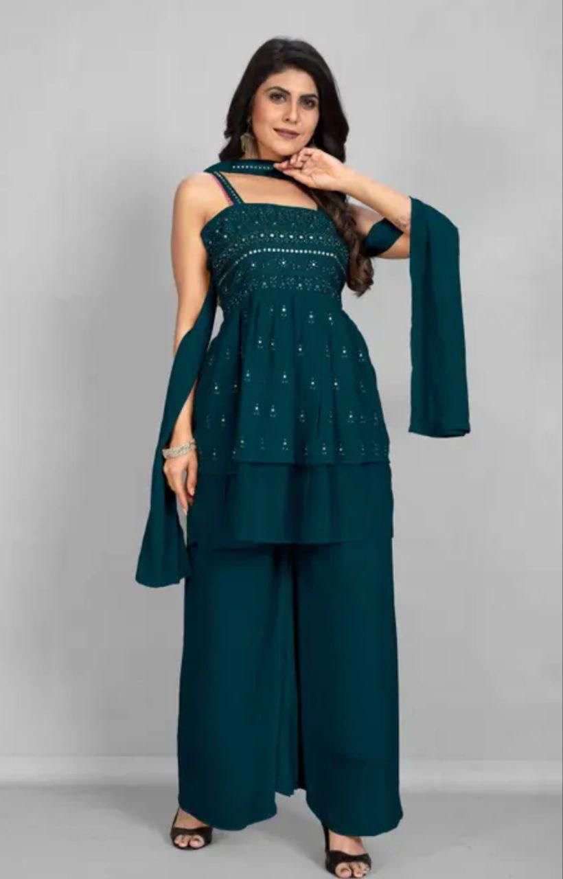 wedding wear 3 piece set collection catalogue name georgia colour 5 black maroon yellow more peach wine fox gorgette fabric with micro lining  stitched  size s to xxl readymade suit