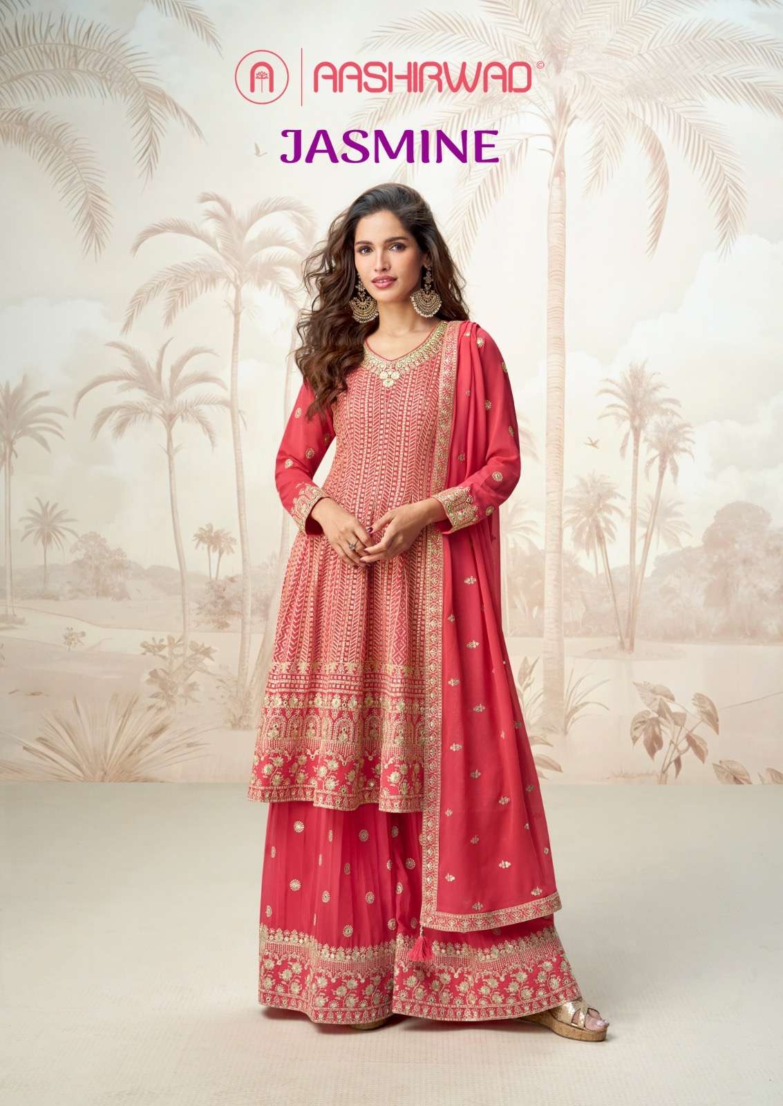 aashirwad creation catalogue jasmine top real georgette free size stitched plazzo real georgette free size stitched duptta real georgette singles available designer dresses