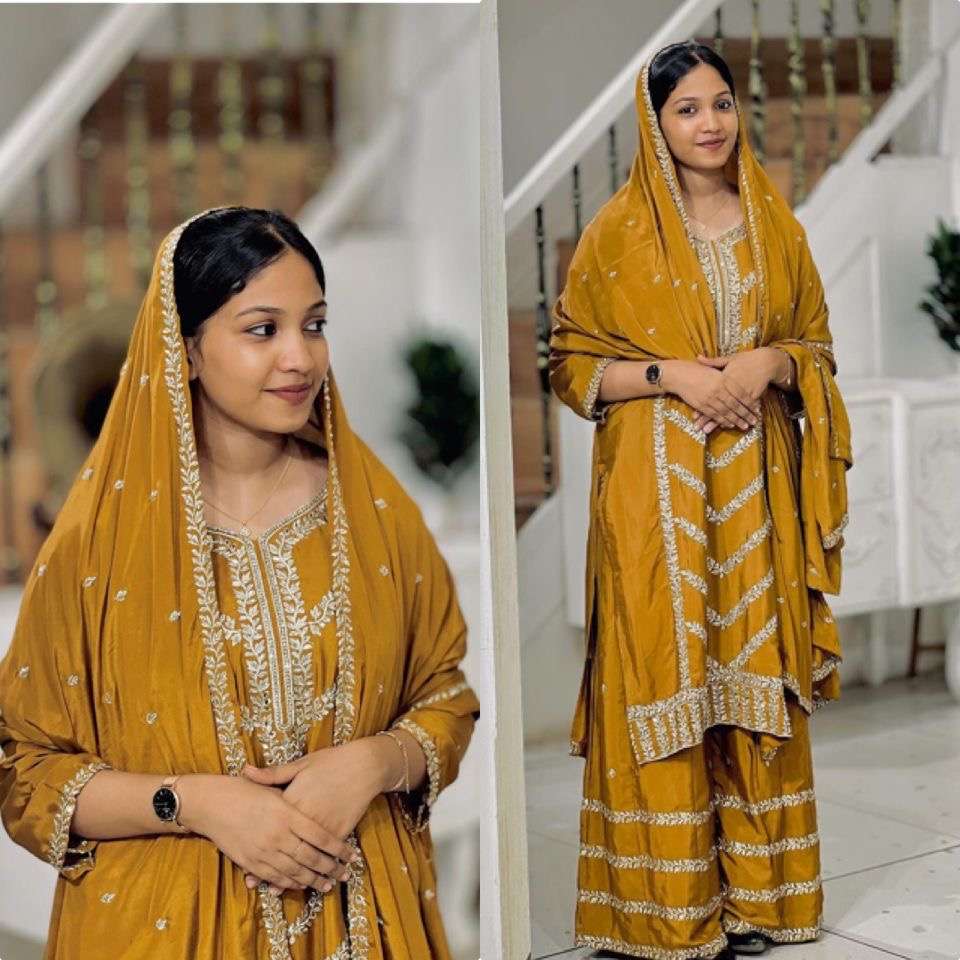 designer party wear look pur chinon silk top plazzo n dupatta set code pd1060 fabric pur chinon silk with embroidery 5 mm sequence work with sleeves readymade dresses