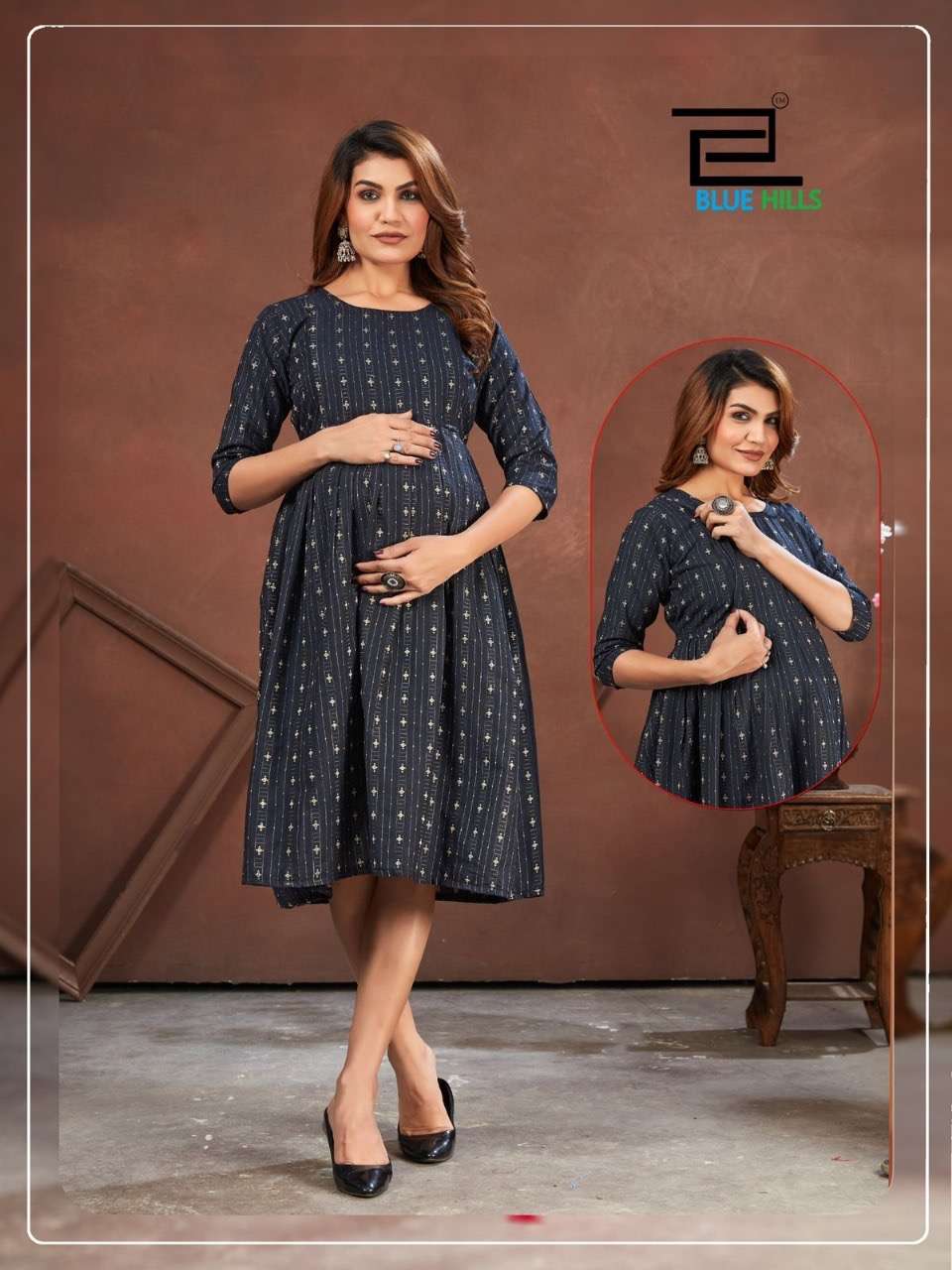 good newwz full flair gown specially made for feeding and during maternity period fabric pure cotton print  back side belt also size l to xxl length 44 both side zip for feeding purpose