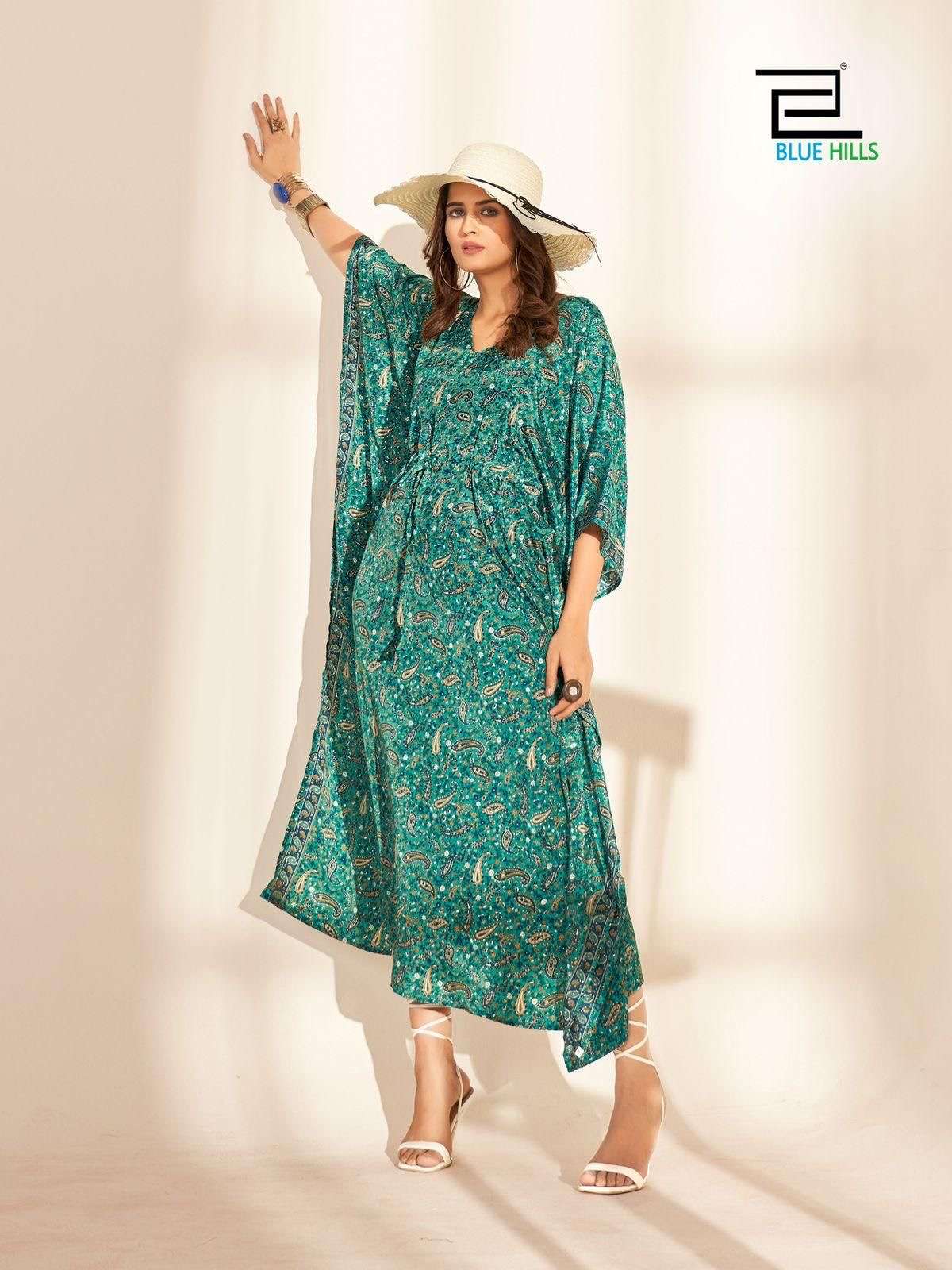 kaftan vol 2 long kaftan in best trending prints fabric heavy french crape print soft feel size free size m to 3xl size center belt to adjust size length 52 real photo and modeling provided