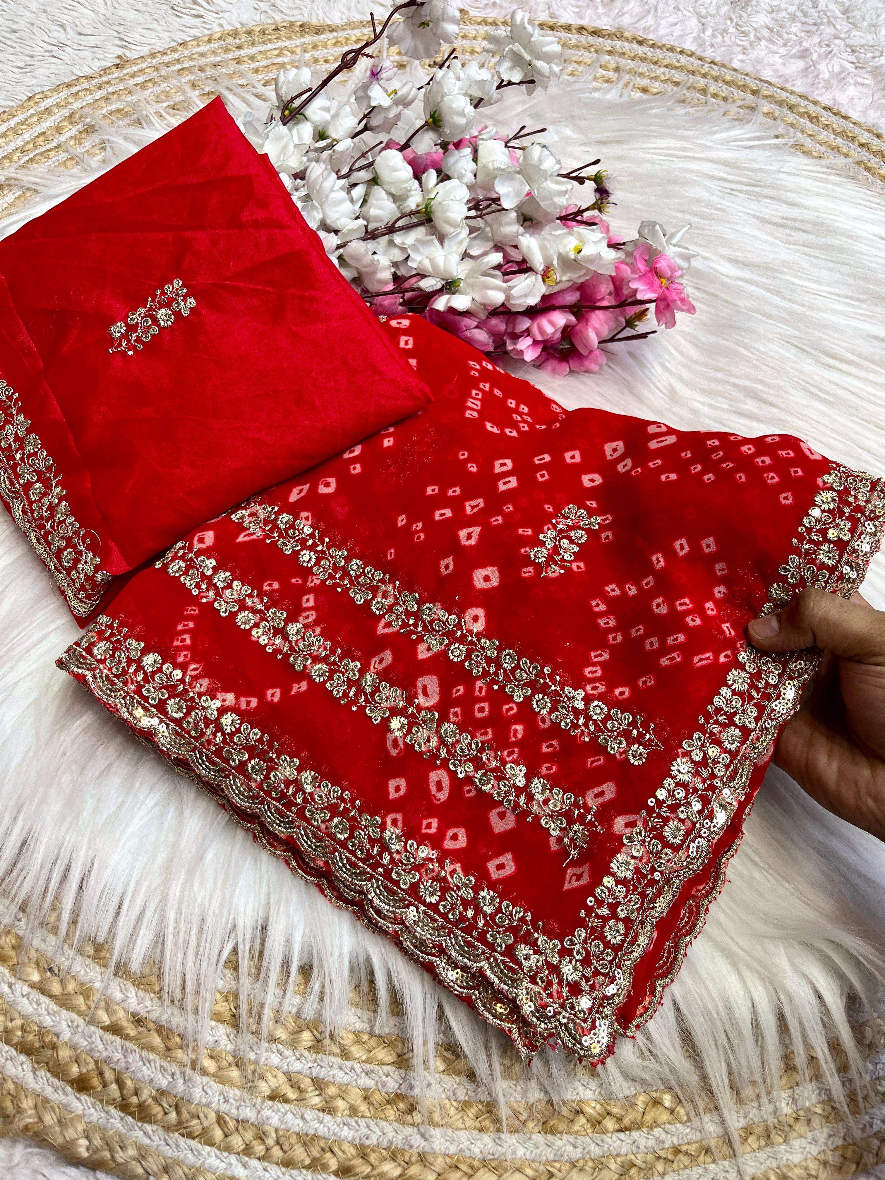 latest arrivals in bandhej panel details soft c by c georgette bandej with cpallu sequence thread coding panel work n butti in whole saree with cut work seqance border blouse heavy mono with work