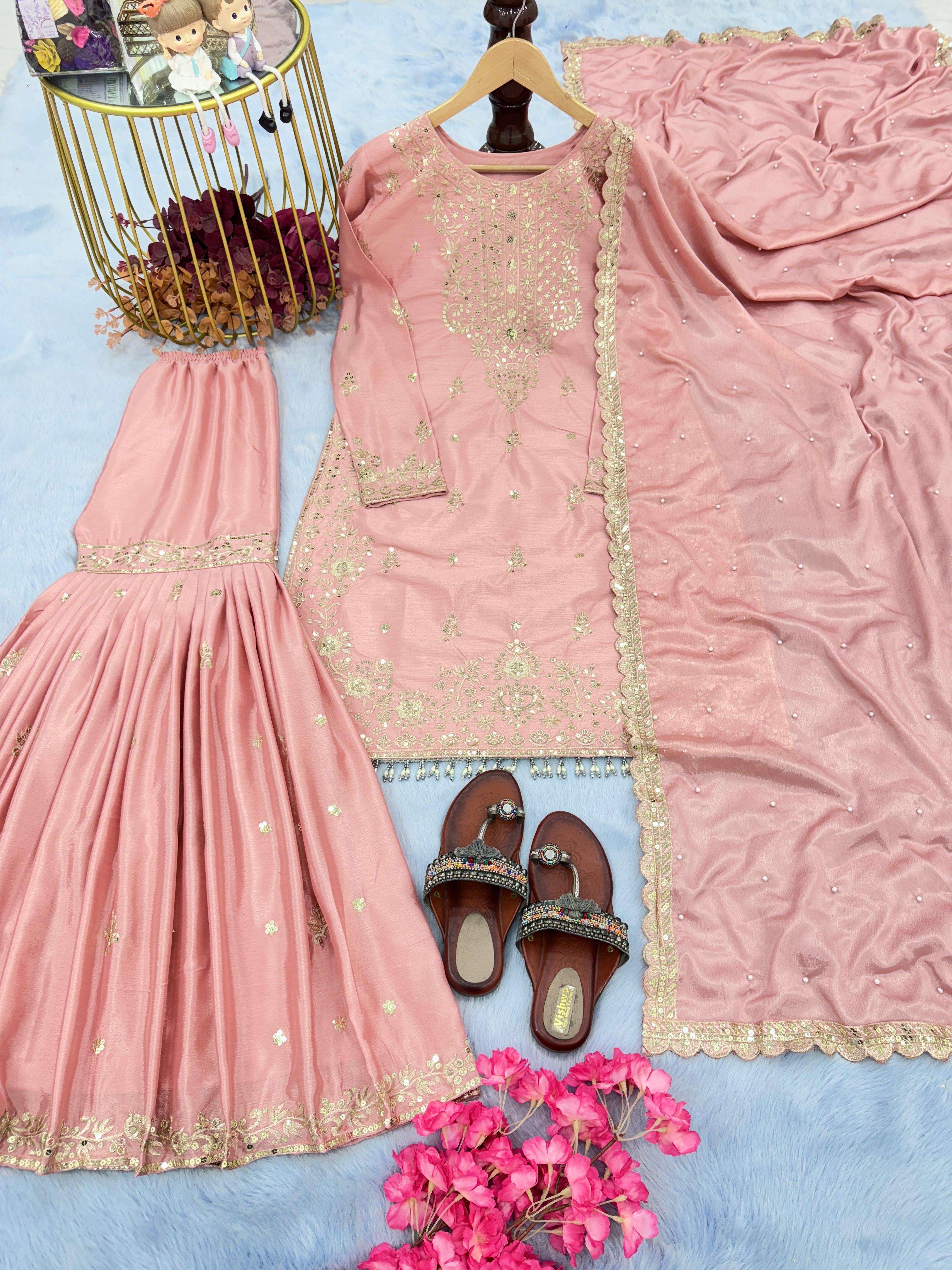 premium designer readymade top plazzo n dupatta collections new designer party wear look pur chinon silk top plazzo n dupatta set code pd1046 new size s to 3xl