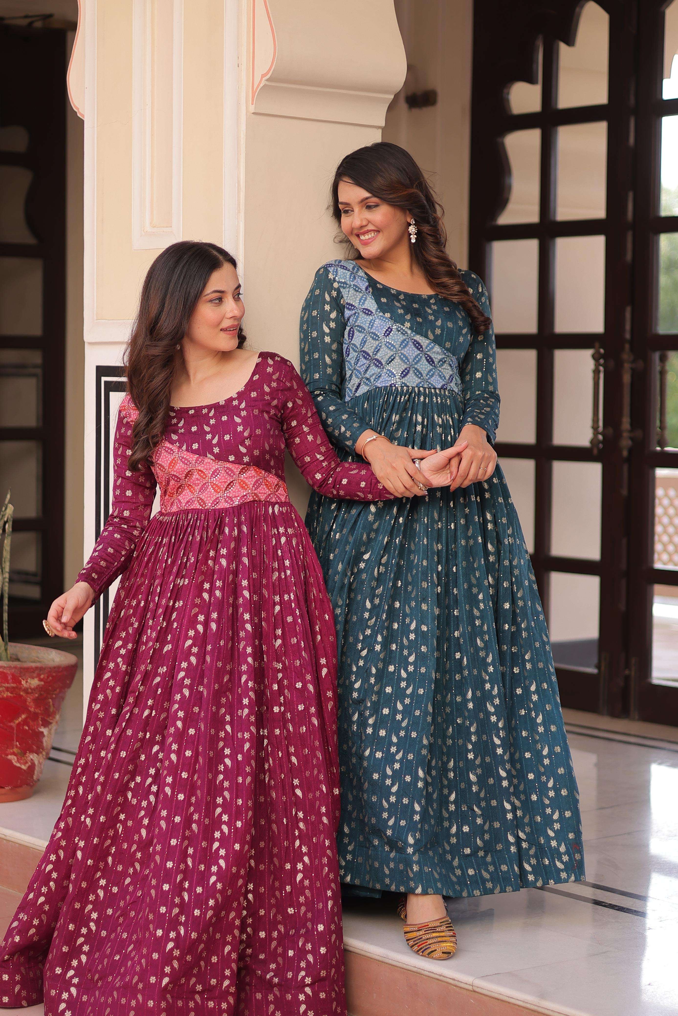 premium readymade gown collections position print choli design with staple jacquard self design it is designed for womens indian ethnic n party wear into  stunning ensemble code lw 9242