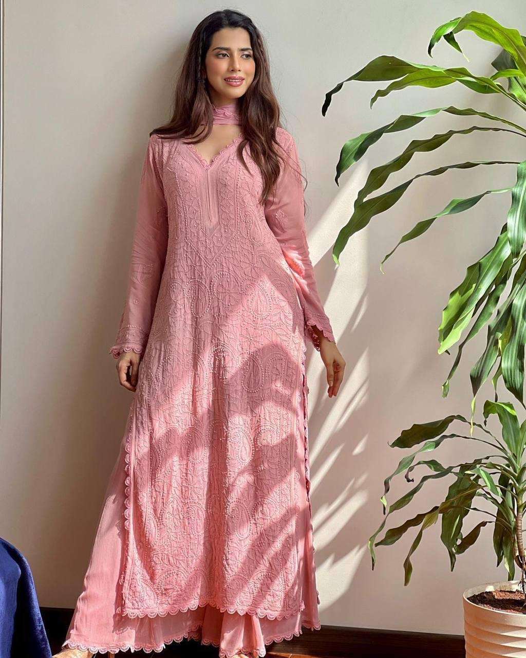 running wear trending faux georgette top cotton thread embroidered work and work plazo with dupatta code be 170 faux georgette work cotton thread embroidery work with gpo lace work size s to xxl