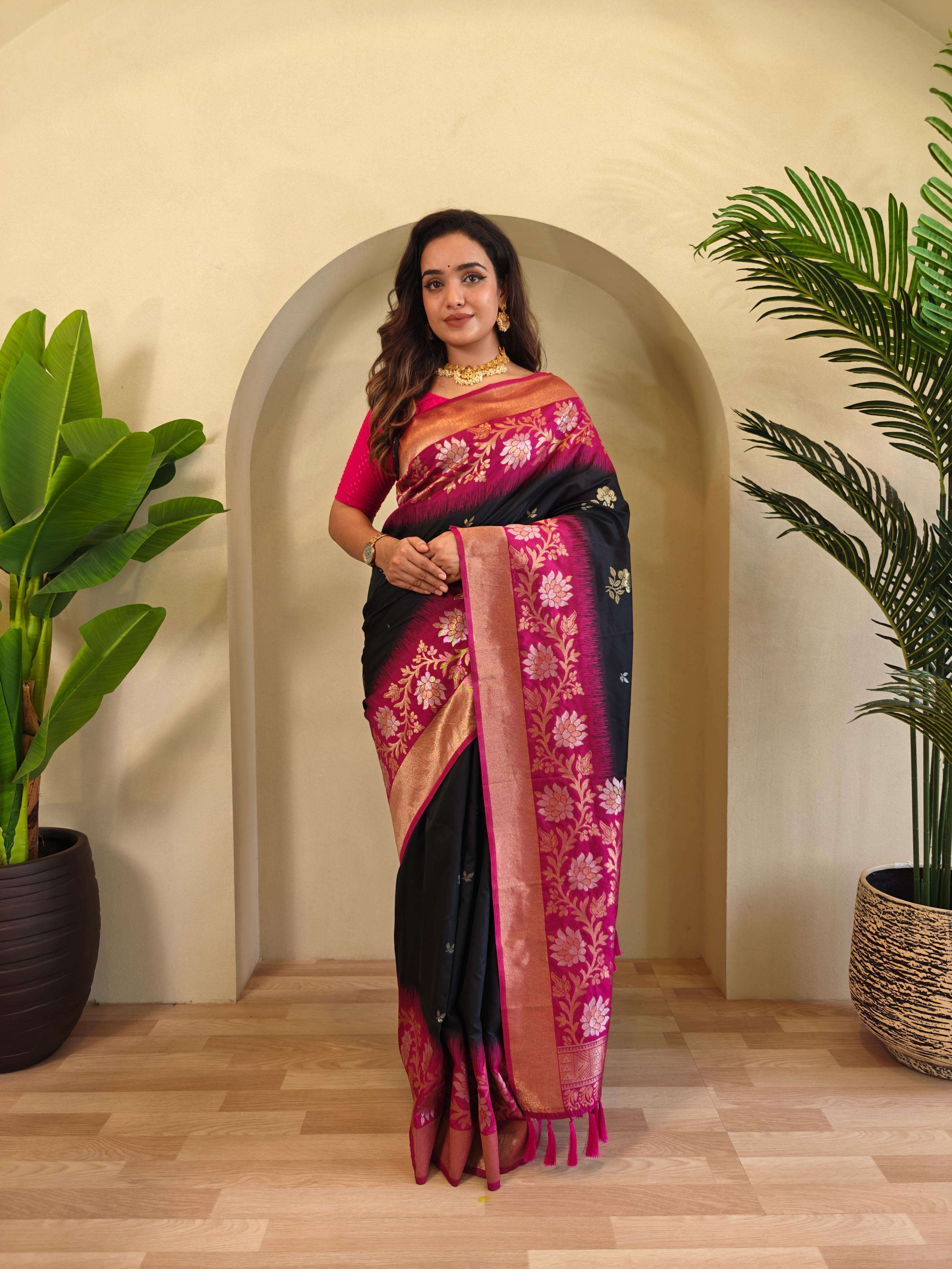 saree catalogue fulpati description dual tone silk sarees with all over zari weaves n contrast pallu and designer chaap border tassels attached designer saree