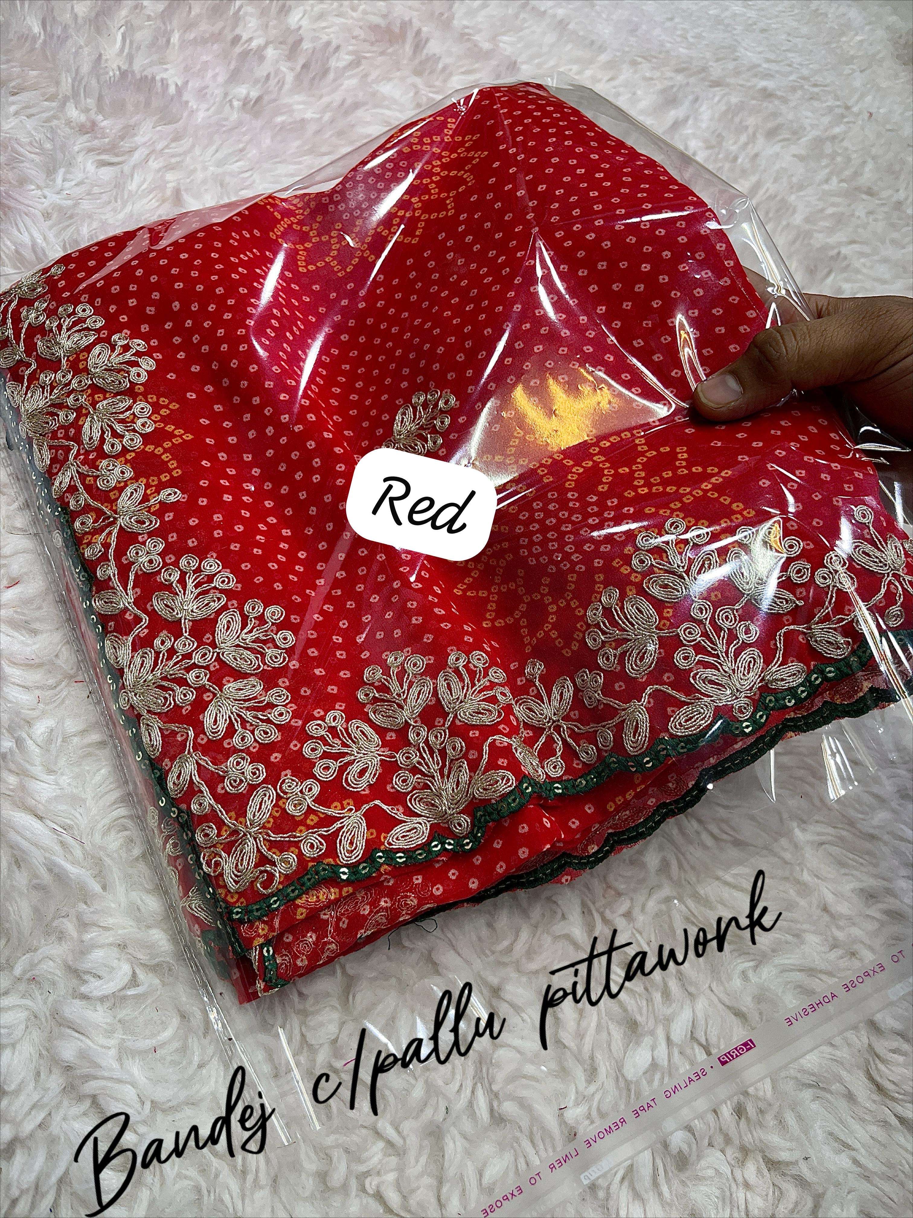 saree fabric n details beautiful soft c by c georgette bandej saree with cpallu pitta work in whole saree buuti with rich look thread seqance border saree