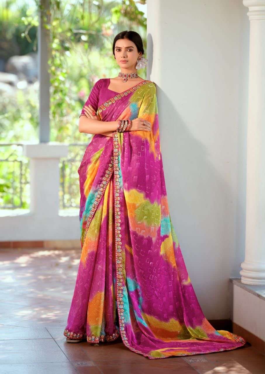 saree new designs catalogue aadya laheriya n bandhej print chiffon fabric with sequence coding embroidery work border and contrast work blouse stylish sarees