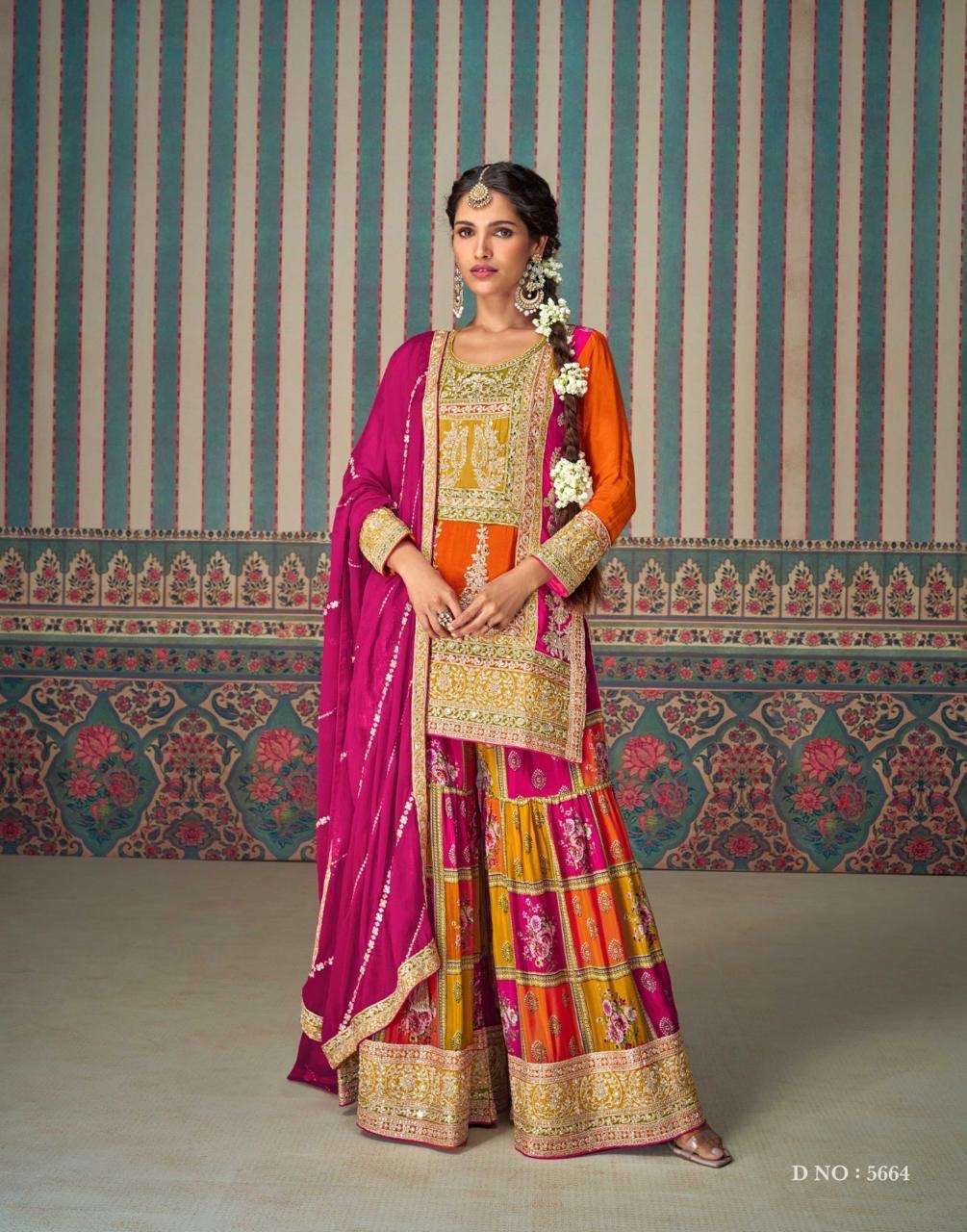 sayuri designer present new catlogue mahi pro 4 pcs 42 size stitched 5663 n 5664 premium real chinon silk full heavy look embroidered work with all over hand embellished mirror work