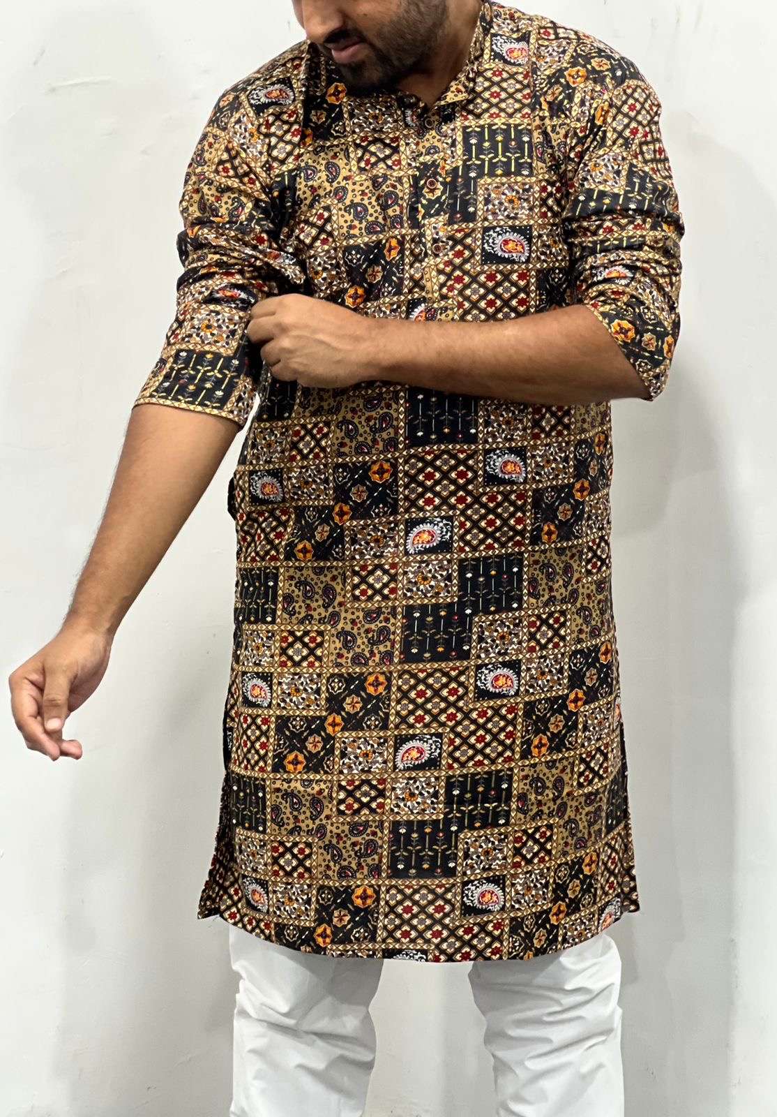 vastra printed kurta with foil print for rich look fabric heavy rayon print size m to xxl size chart provided soft and comfort fabric for every season mens wear kurta pyjama