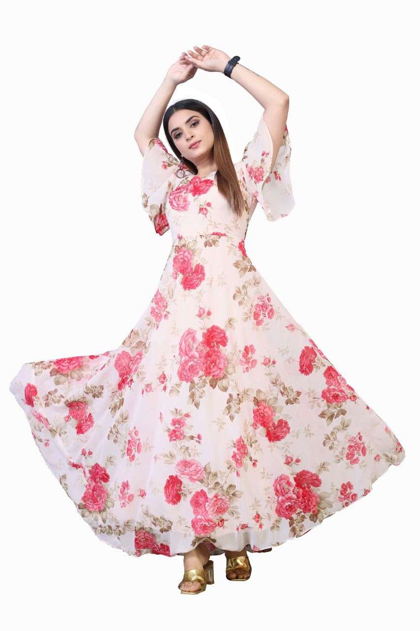 Cotton Flower Print Gown With Bow Sleeves – Navya Shree
