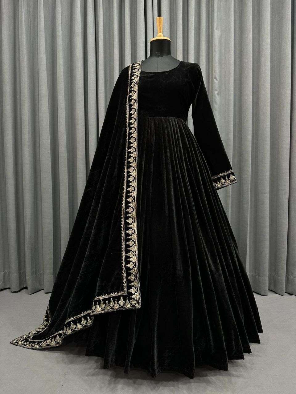 Taffeta Silk Embroidery Gown In Black Colour