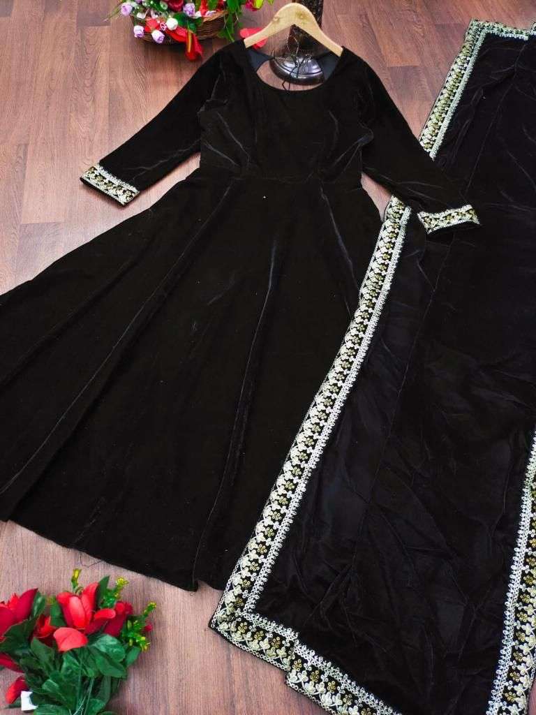 Pure Georgette Fabrics Party Wear Readymade Gown In Black Color With  Embroidery Work - Sale