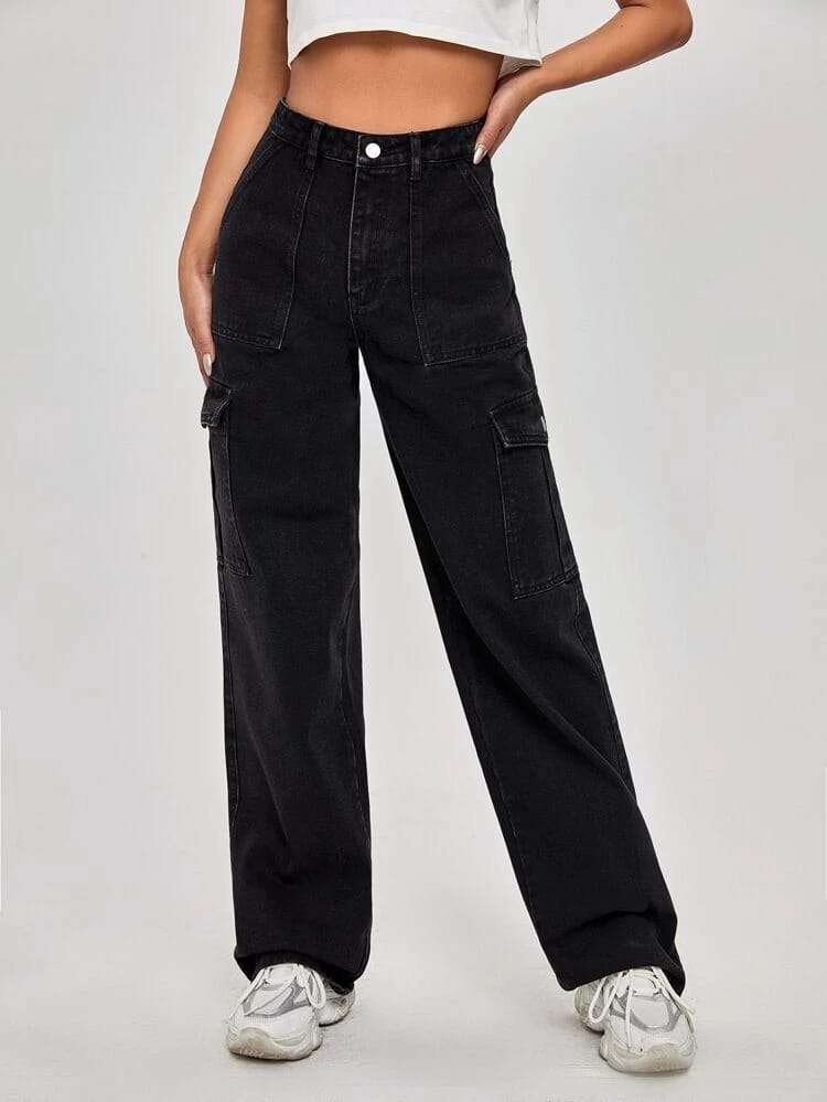 high waist flap pocket jeans in stock high waist bell bottom jeans