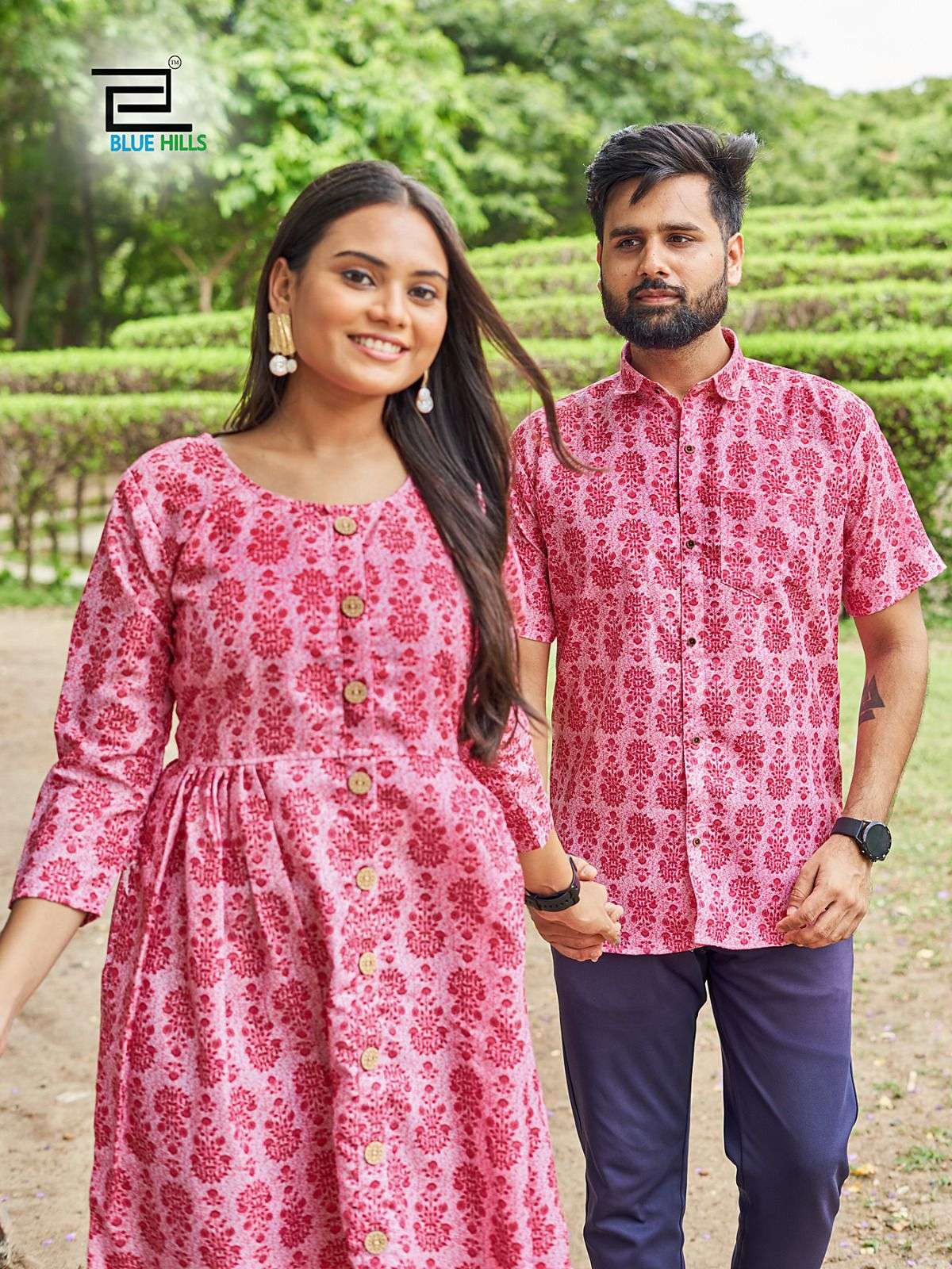 blue hills presents trendy couple 2 same matching exclusive printed shirt and kurti pattern boys same printed shirt and girls kurtie couple wearing same combo kurtie and shirt