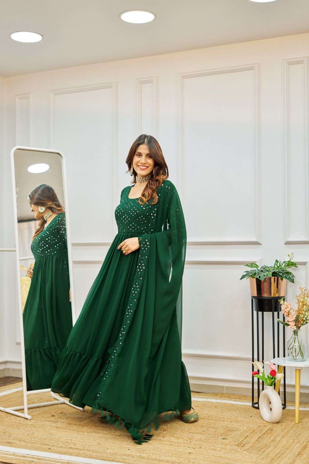 Entrancing Light Olive Green Colored Floral Embroidered Silk Gown –  fashionnaari